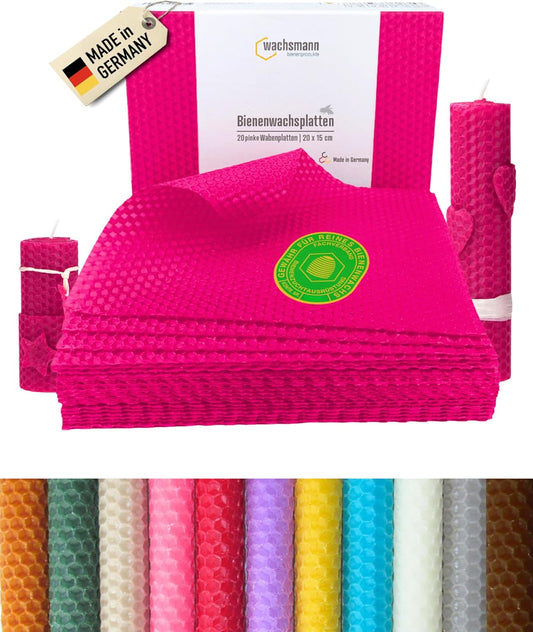 20er Set Bienenwachsplatten für Kerzenherstellung, Pink | 20 X 15 Cm