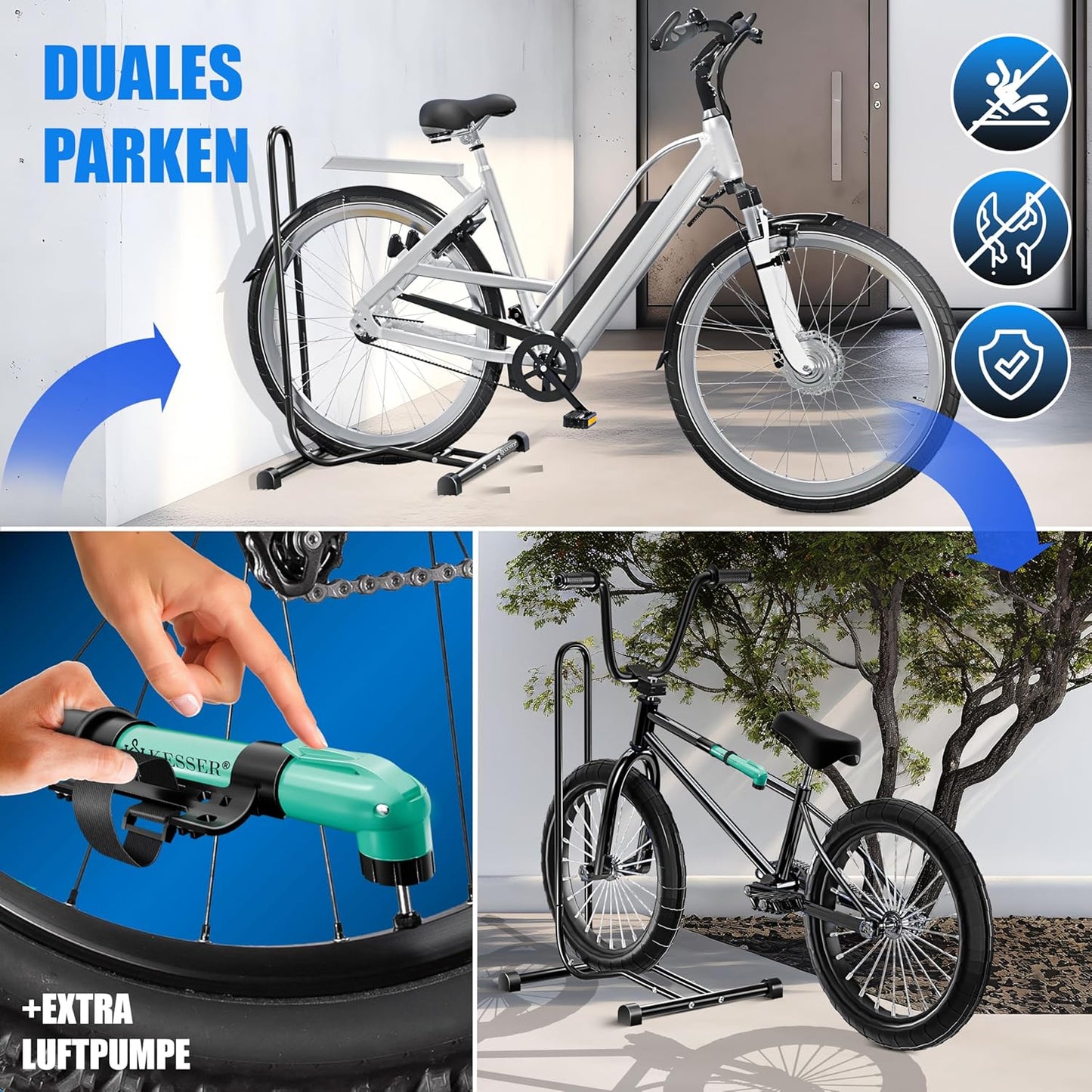 2er-Fahrradständer-Set mit Luftpumpe, 2er Set, Schwarz