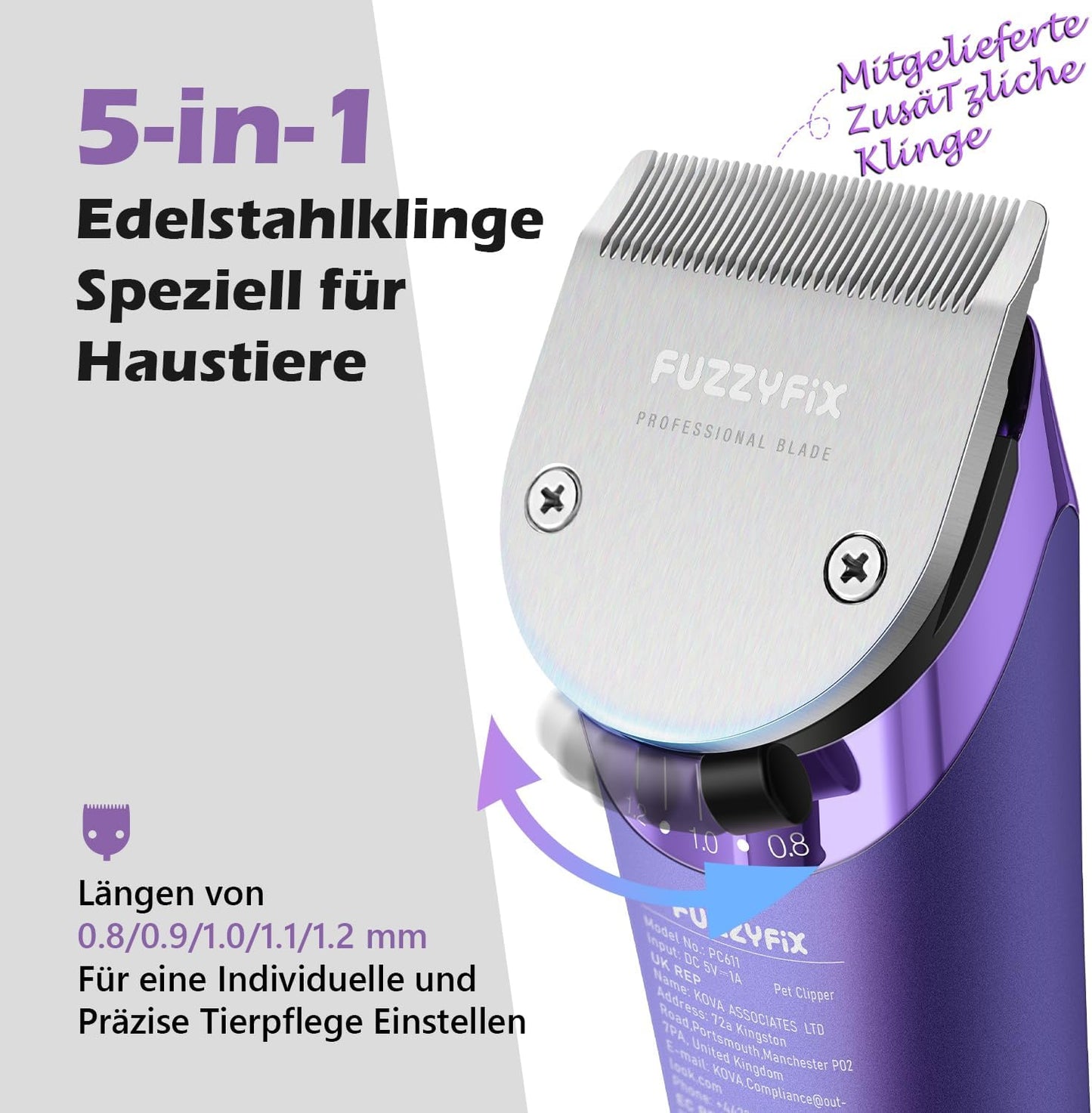 Hundeschermaschine mit Ersatzklinge und Aufsteckkämmen, Lila