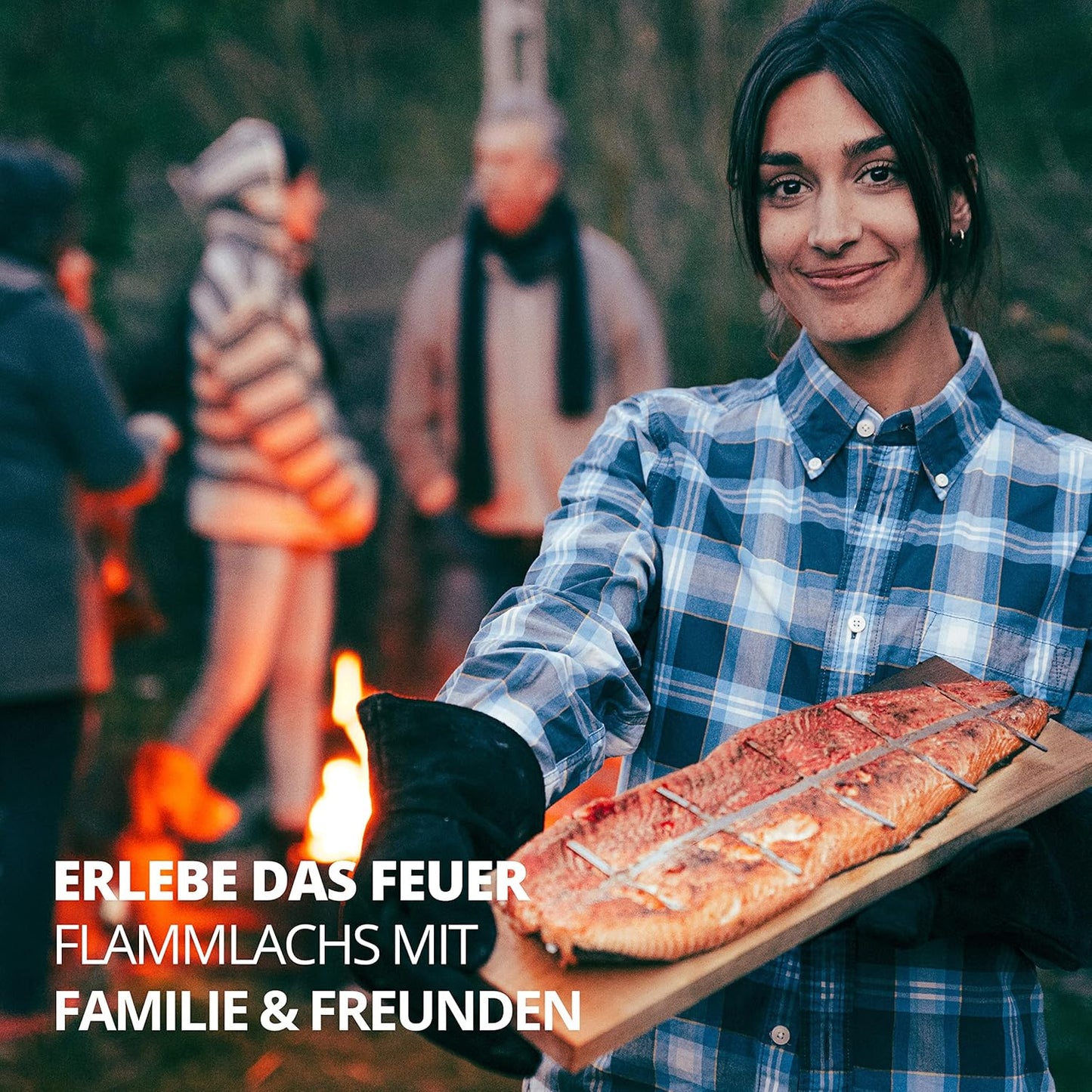Flammlachsbrett mit Edelstahlhalterung-System und Baumwolltasche, 1er Set Flammlachsbrett