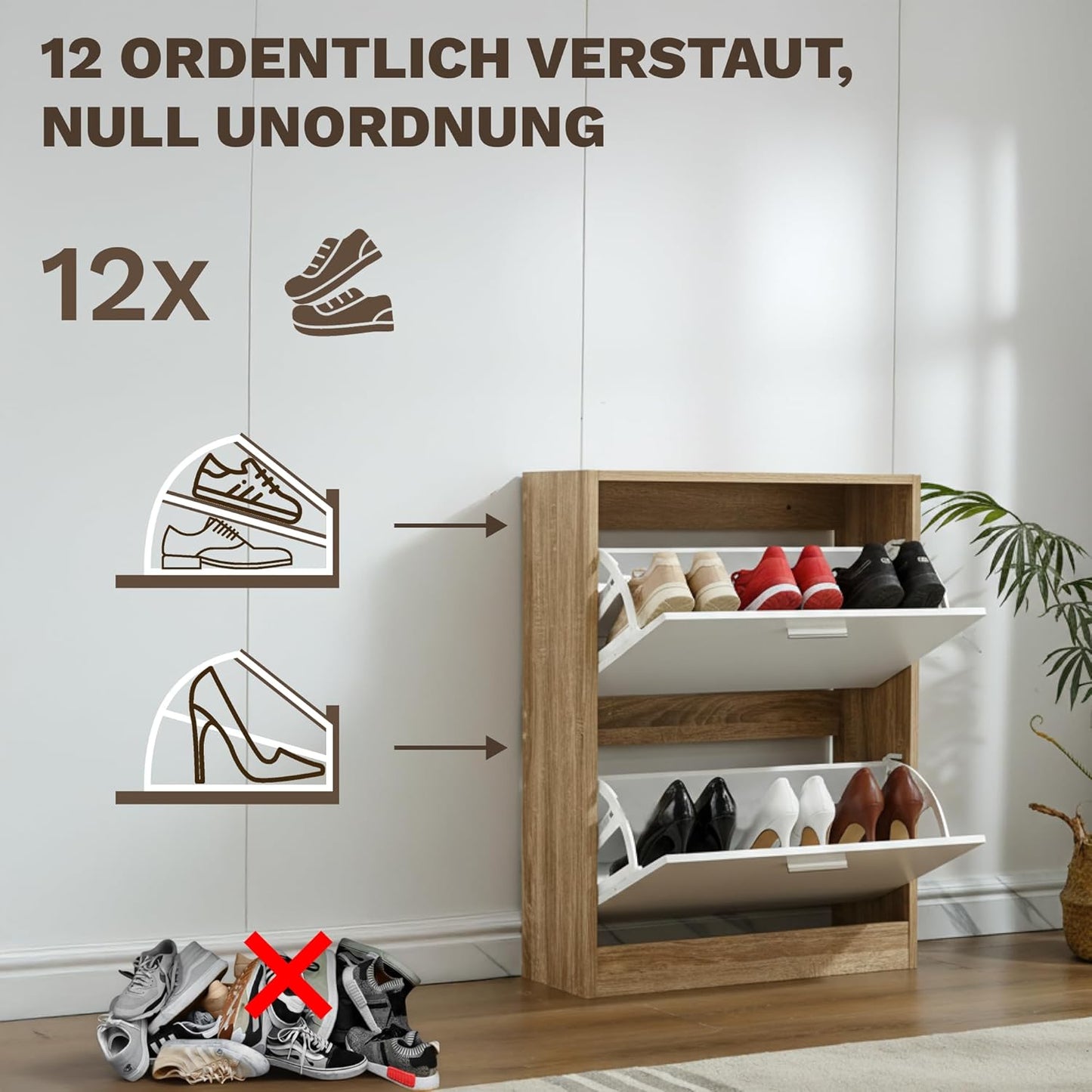 Schmaler Schuhschrank mit 2 Fächern für 12 Paar Schuhe, 2 Fächer Weiss