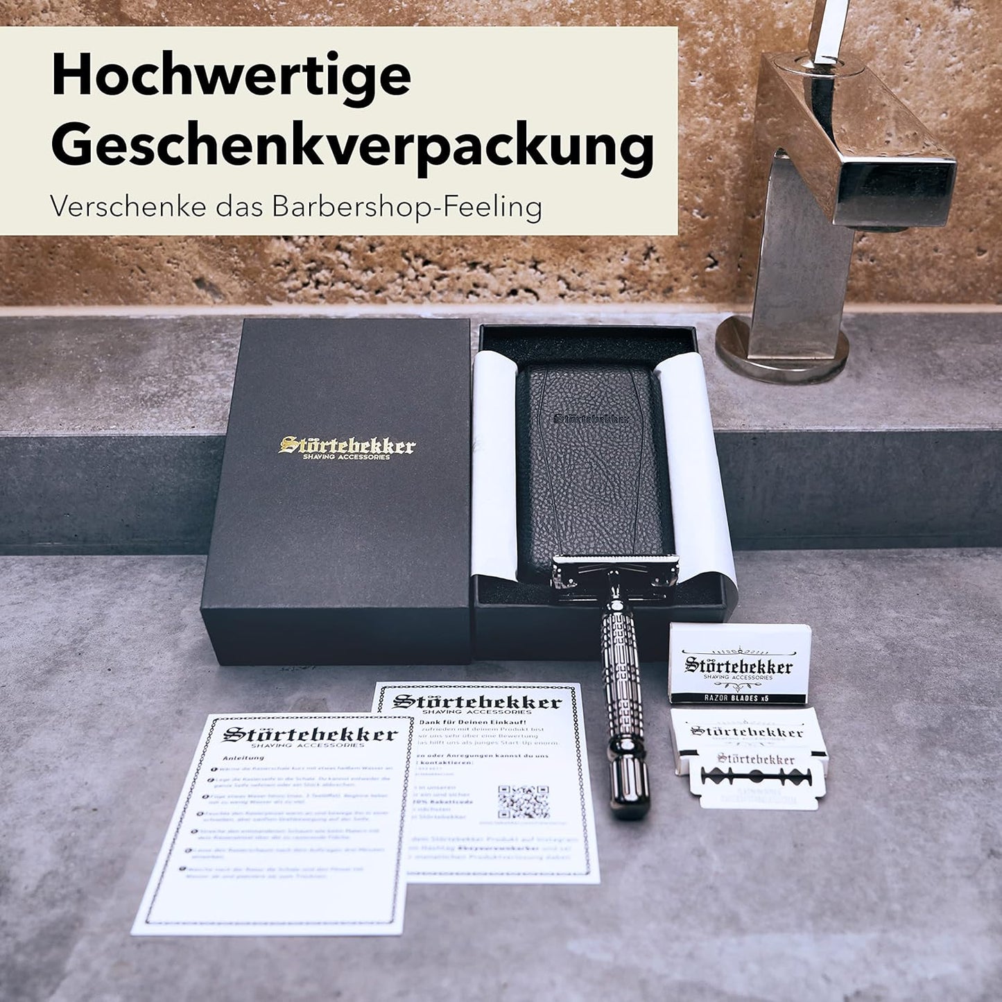 Gentleman Essential Set, Rasierhobel Schwarz - Rasierständer Schwarz