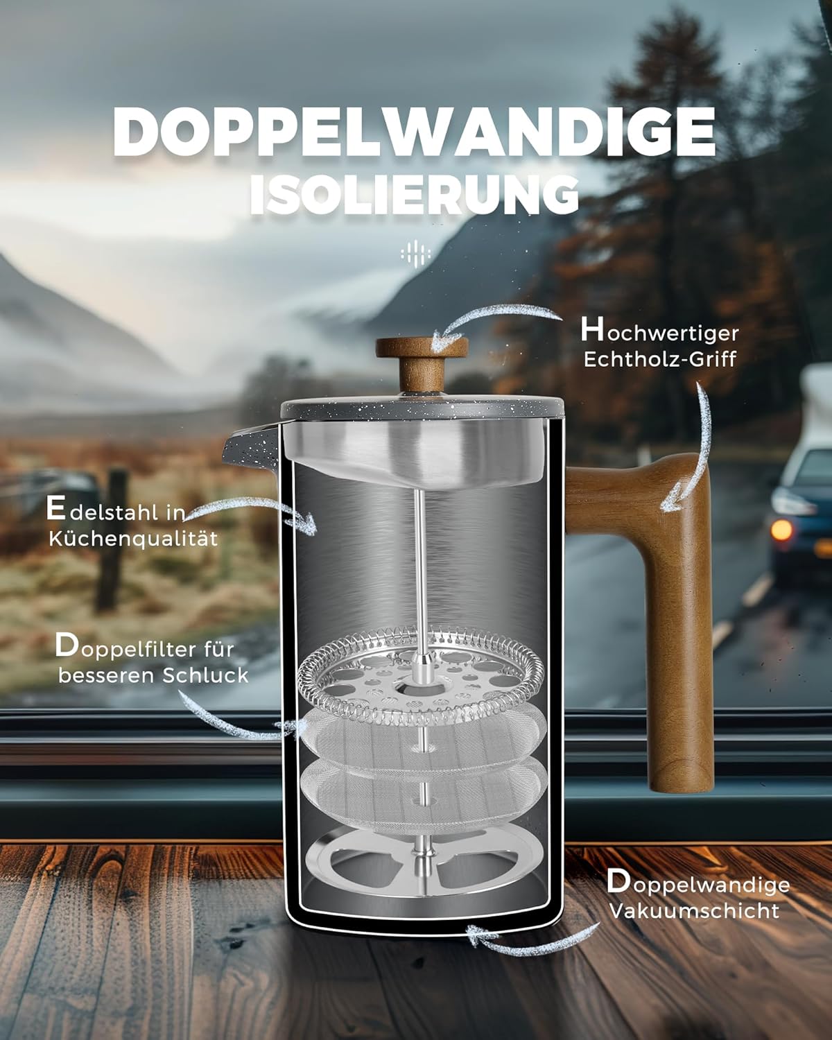 French Press Kaffeebereiter 1L, doppelwandig, mit Holzgriff, 1000 ml-1 Stein