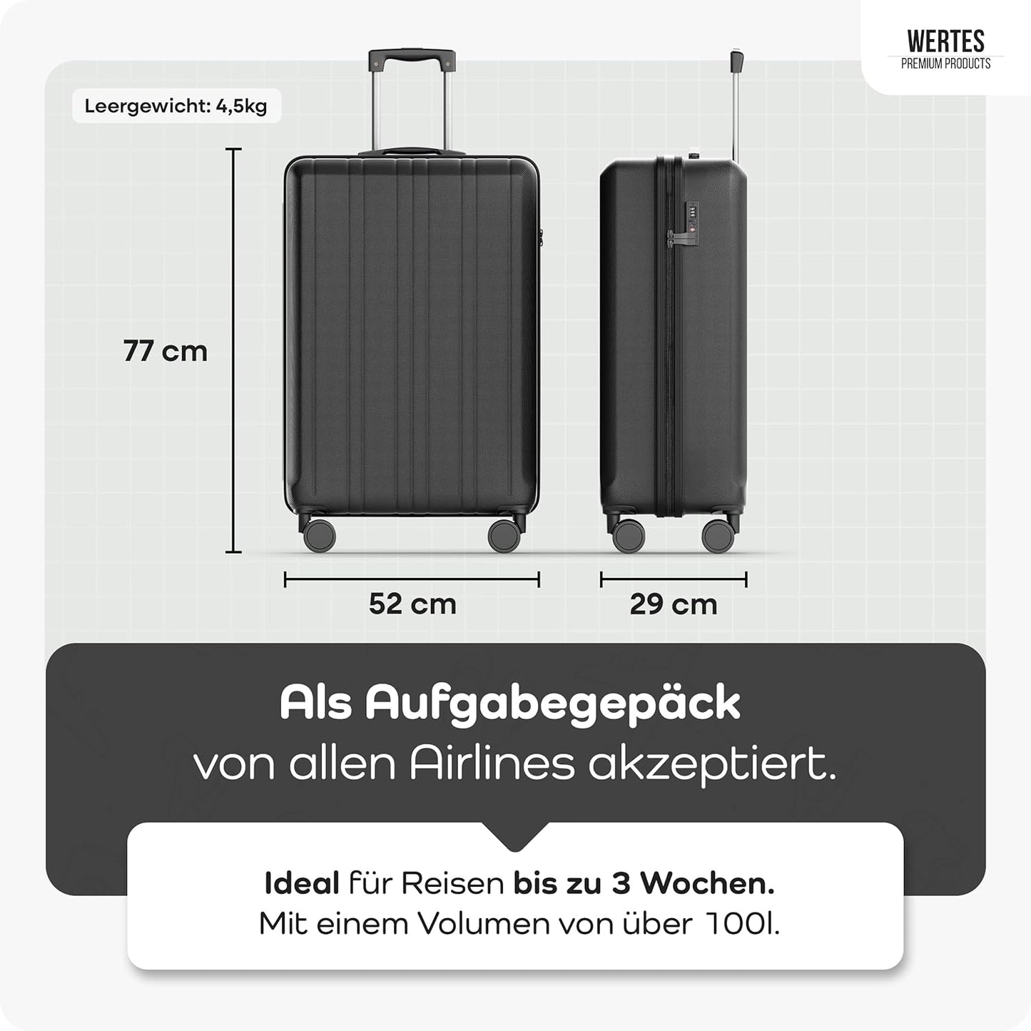 Hartschalenkoffer mit Doppelrollen, Schwarz 77cm