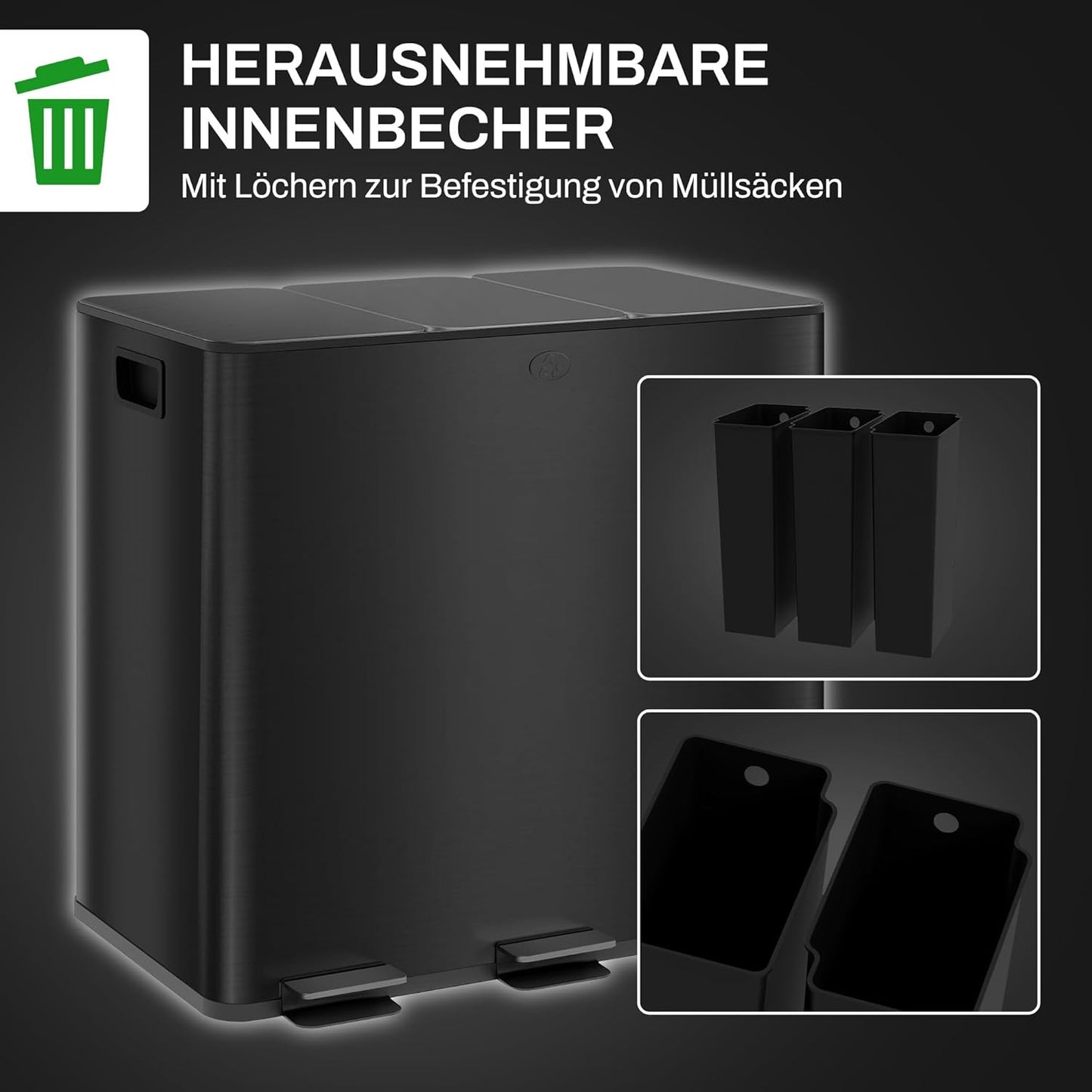 Treteimer mit Softclose und Mülltrennung, 3 Fächer, 3 x 15L Schwarz