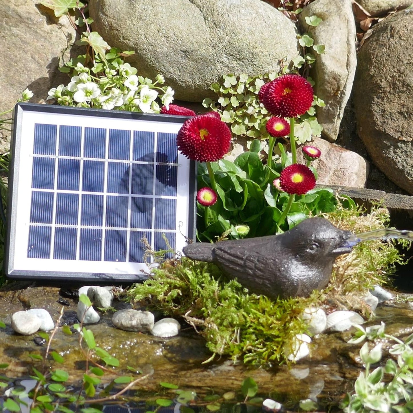 Wasserspeier Spatz mit Solar-Pumpe Teichdeko
