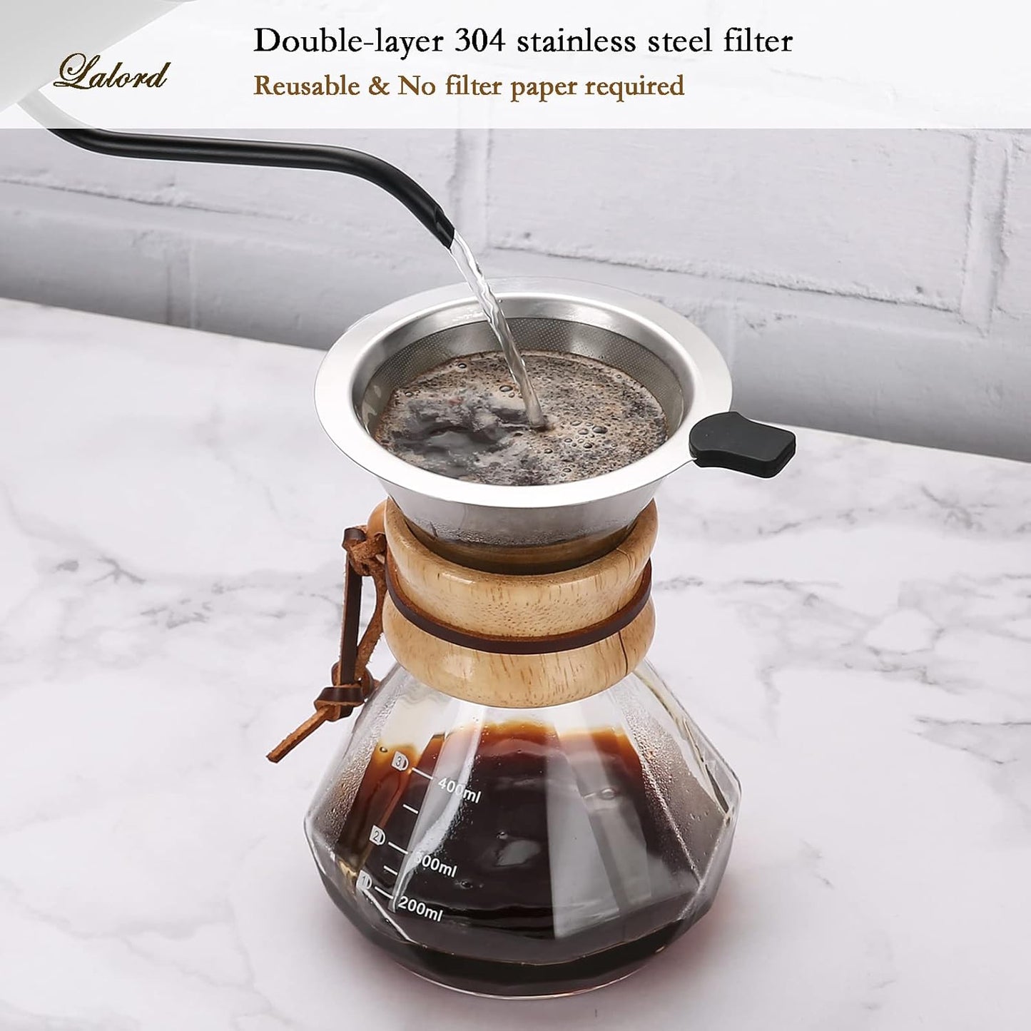 Pour Over Kaffeebereiter mit Edelstahlfilter, 400 ml, 400 ml