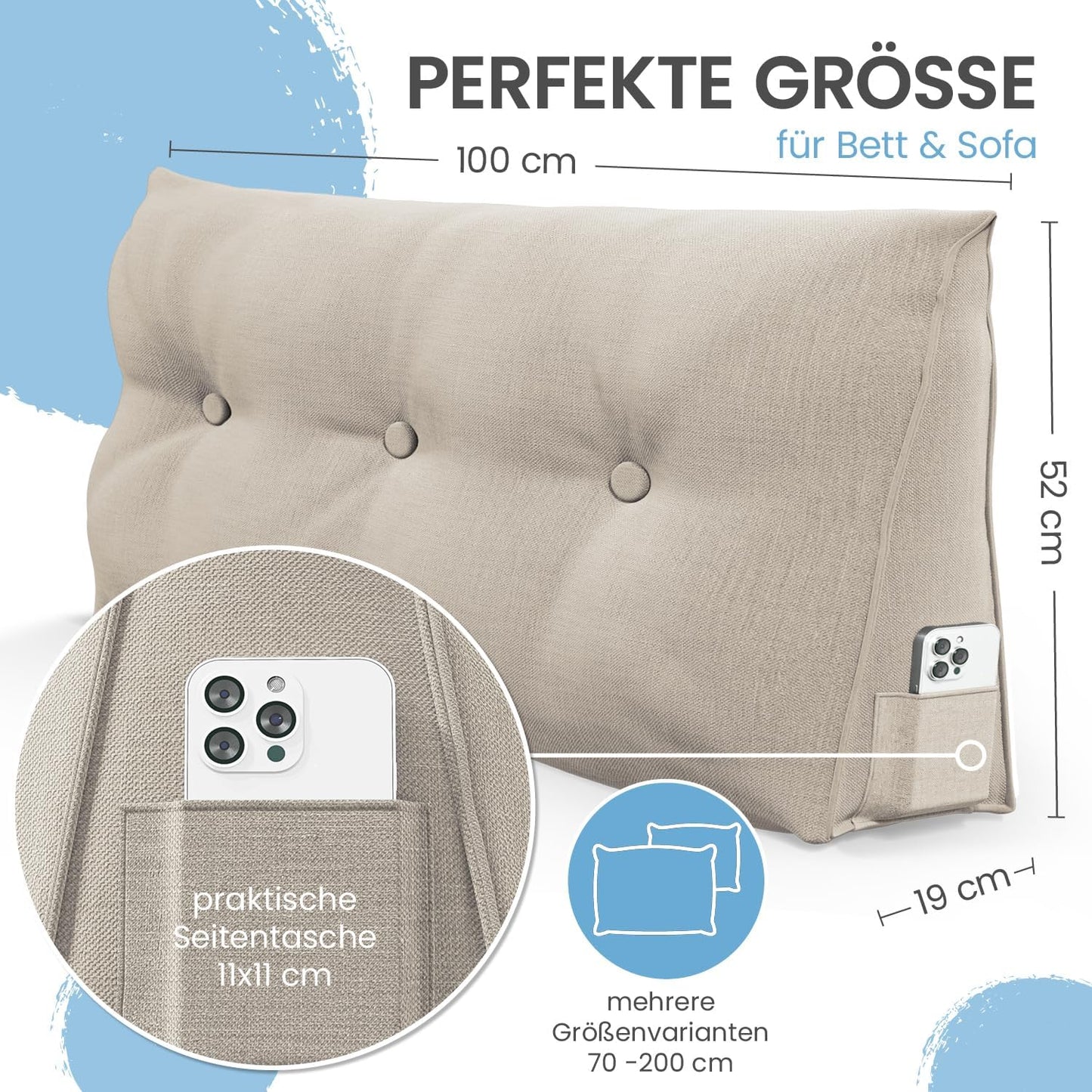 Bett- und Rückenstützkissen, Sand 100 cm