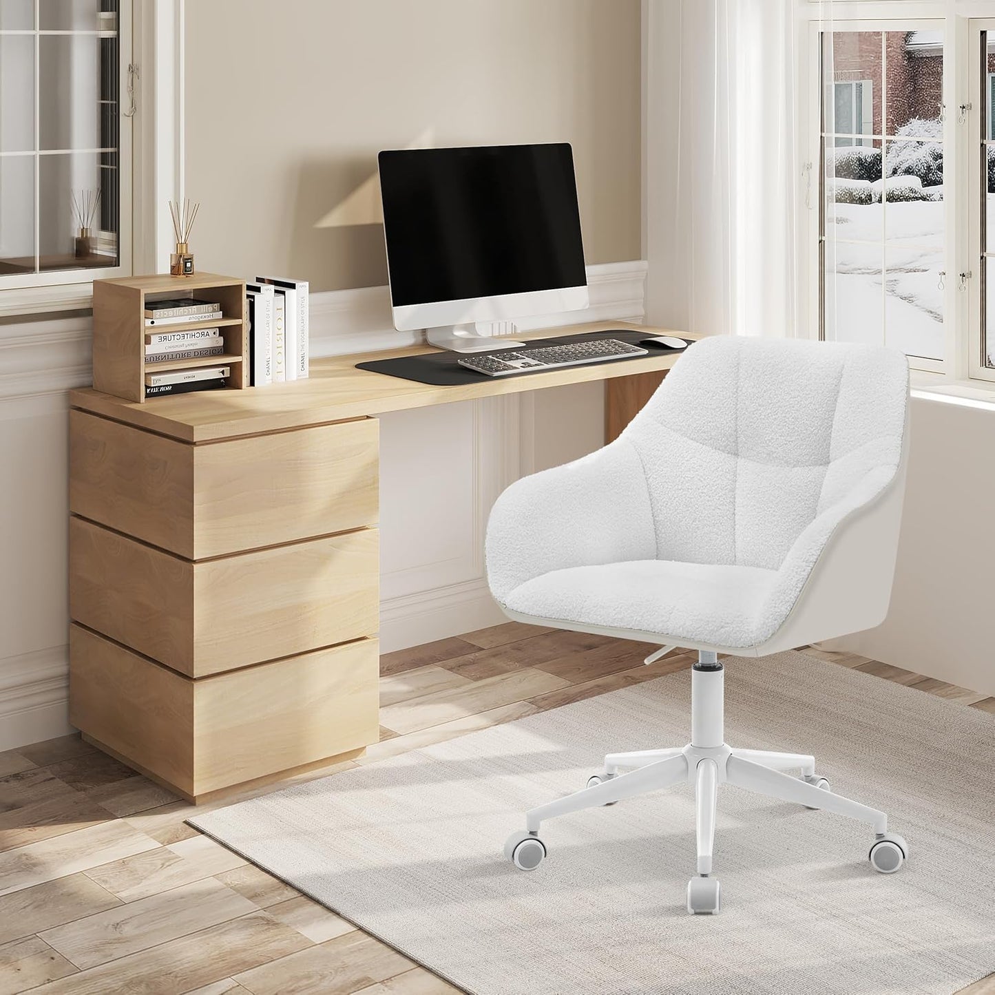 Höhenverstellbarer Homeoffice-Drehstuhl BS175grcm, Creme + Beige Bouclé Stoff + PU