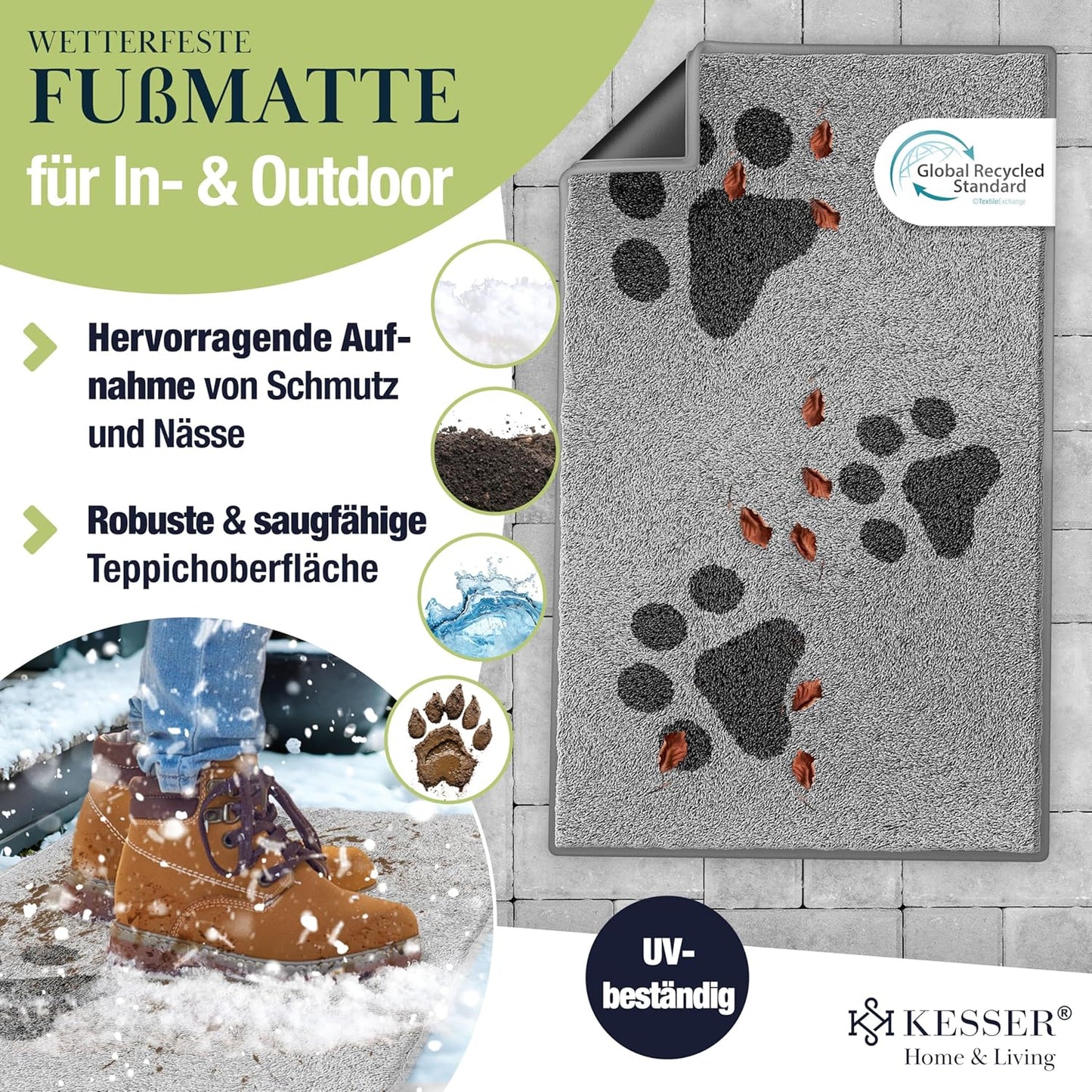 Schmutzfangmatte im Pfotendesign, 80x120 cm, 80x120cm Hellgrau Pfotendesign