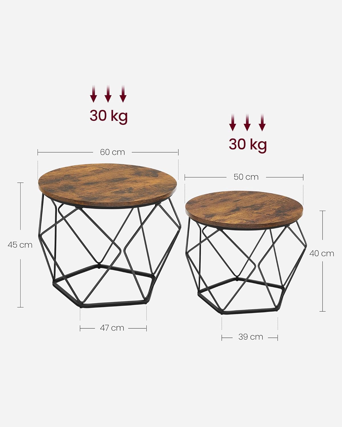 Runder Couchtisch im 2er Set, Vintage-Design, (60d x 45H) cm+(50d x 40H) cm Vintagebraun + Tintenschwarz
