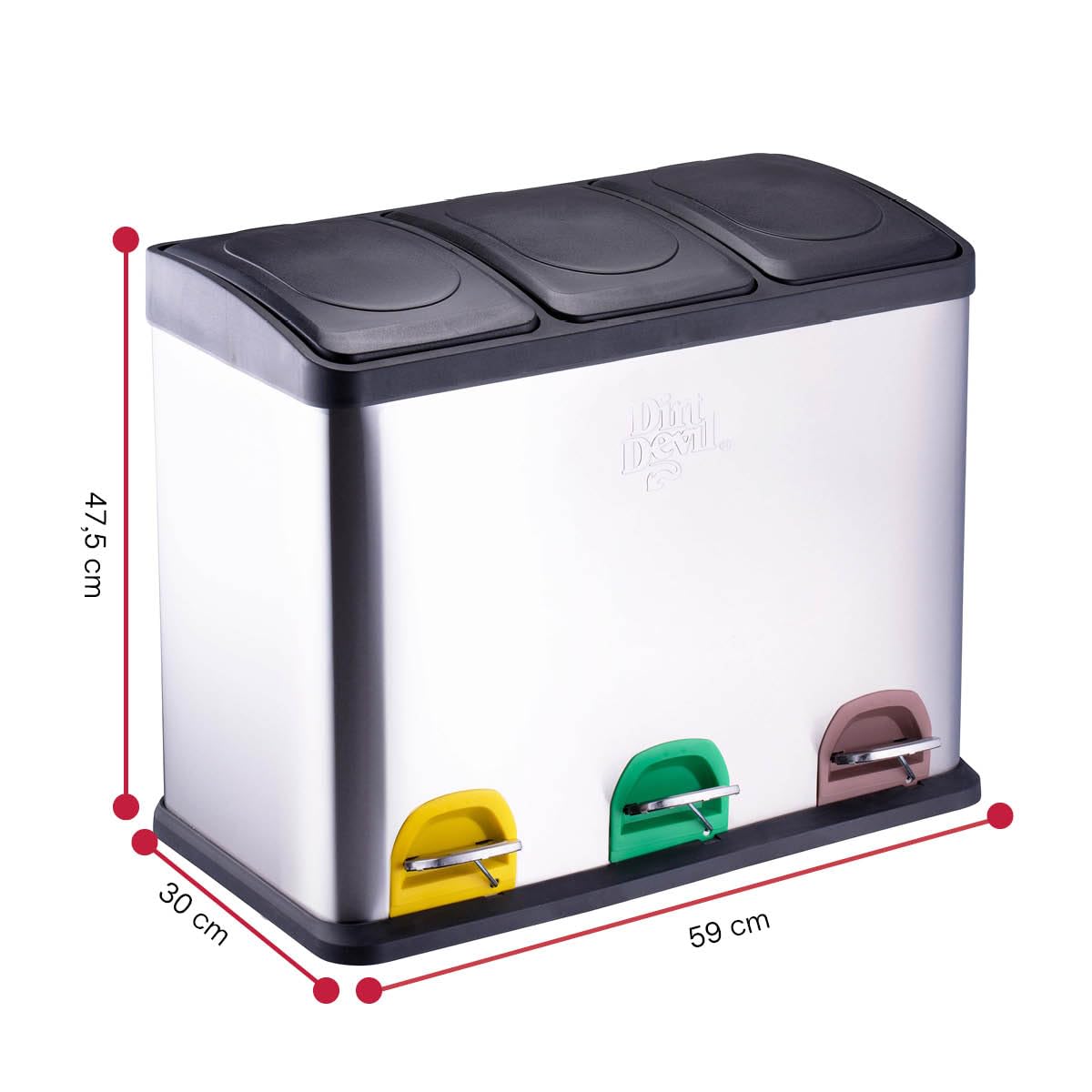 3 Fächer Tretmülleimer, 3 x 15L silber