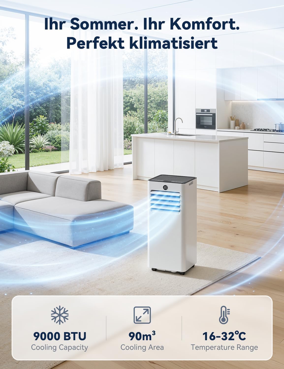 Mobile 3-in-1 Klimaanlage 9000 BTU Pro mit Abluftschlauch & Timer, 9000 BTU Pro