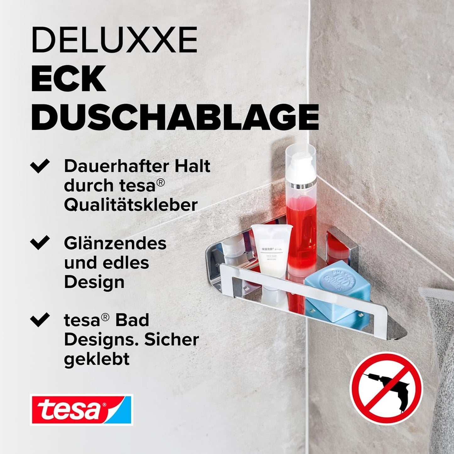 Deluxxe Eck-Duschablage ohne Bohren, inkl. Klebelösung, Eck-Duschkorb