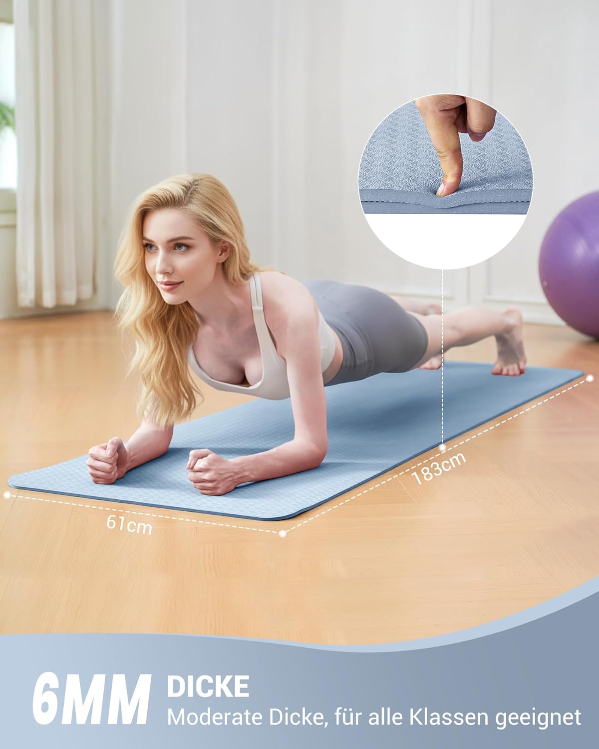Rutschfeste Yogamatte, Blau 6 mm