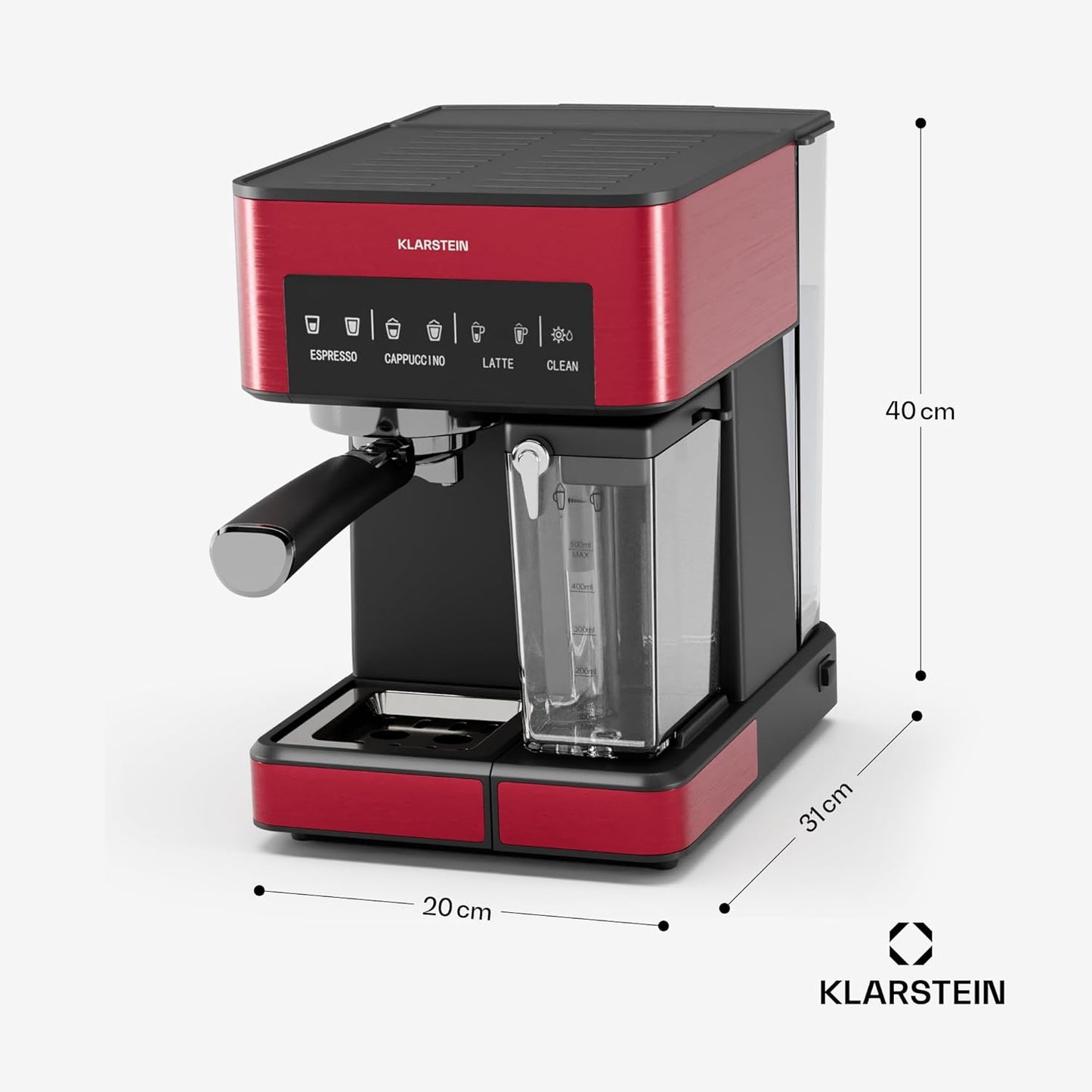 Arabica Comfort Siebträgermaschine mit Milchaufschäumer, 1.8L Rot