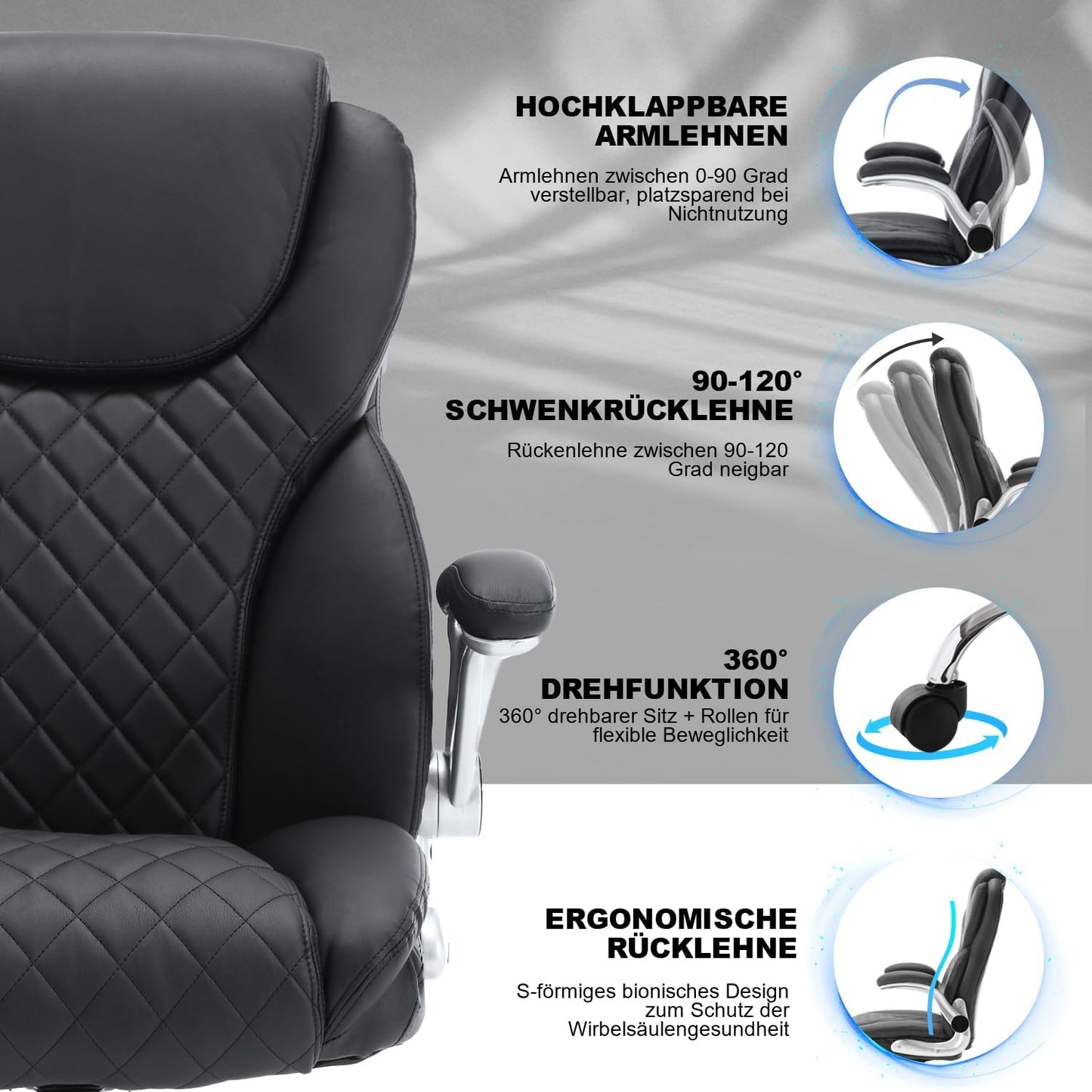 Ergonomischer Bürostuhl mit Lendenwirbelstütze, Dunkelschwarz Klassisch