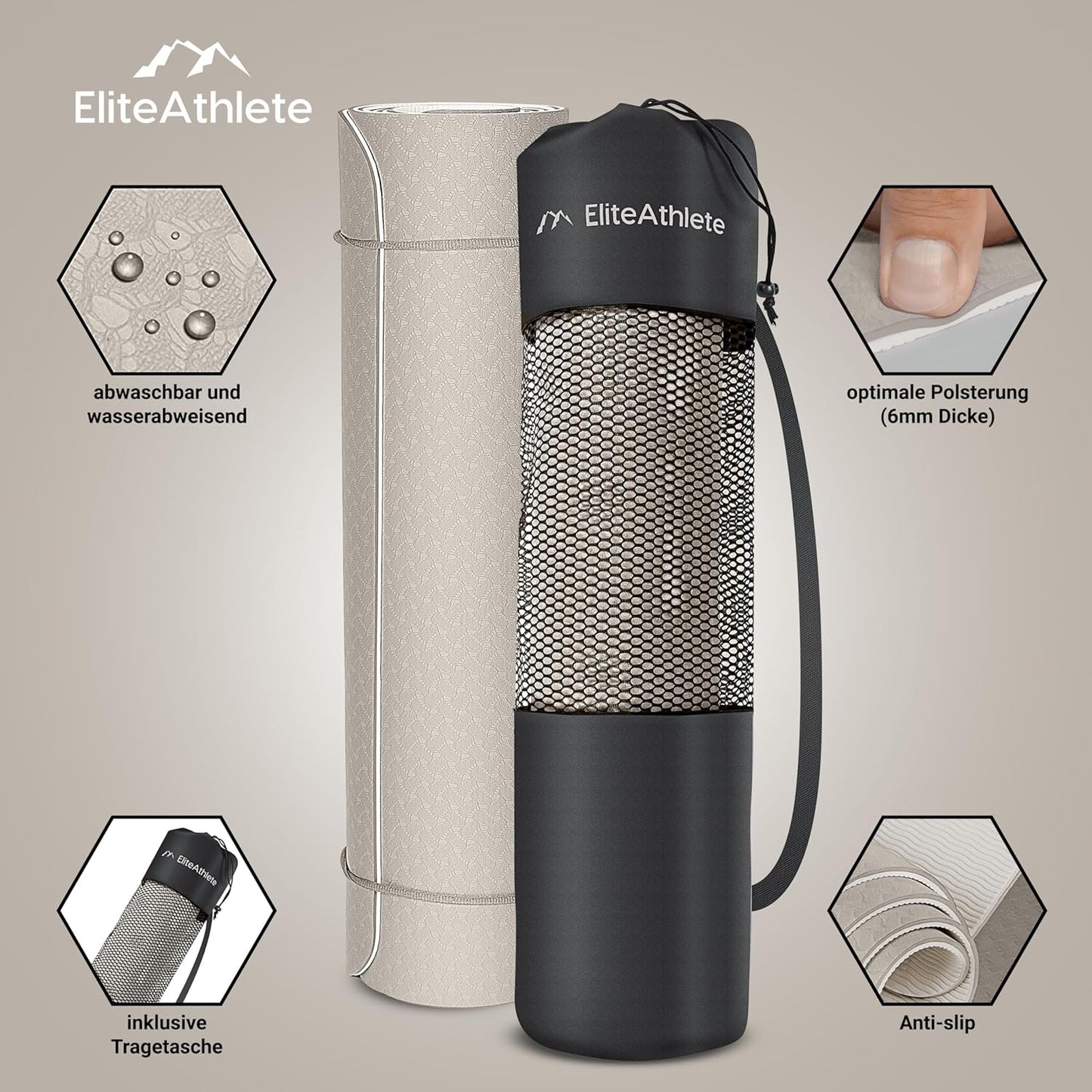 Gepolsterte Yogamatte mit Transportgurt, Light Cappuccino - Ivory Cream