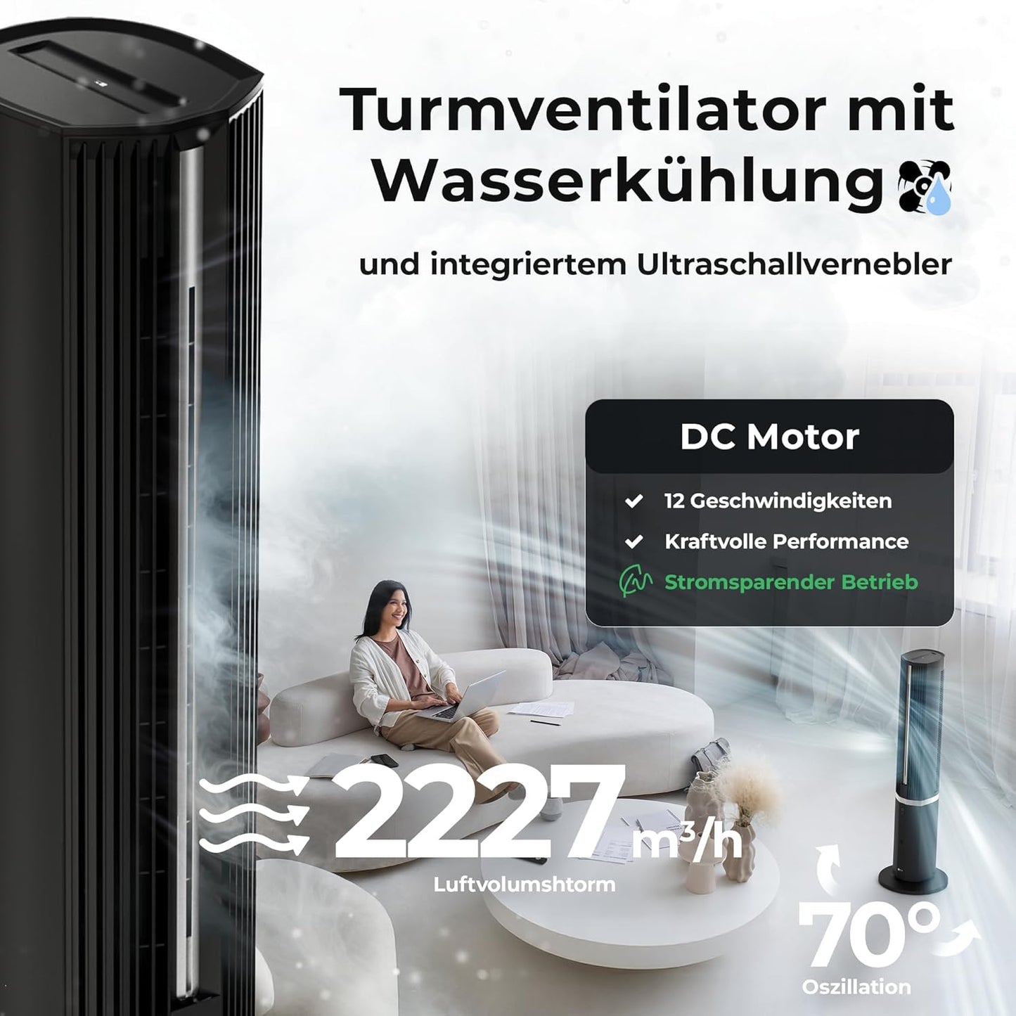 5-in-1 Turmventilator mit Wasserkühlung, VT-11-BL, Premium Black 5 Liter