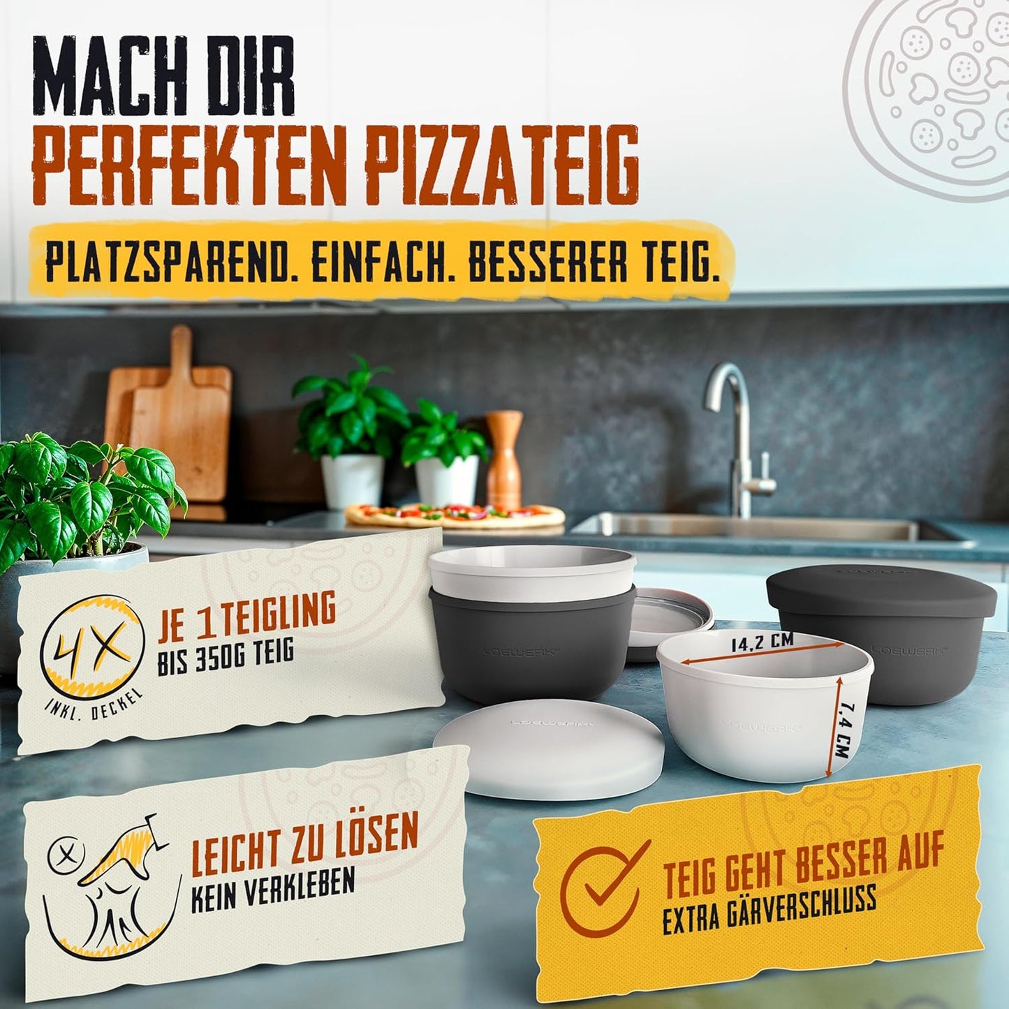 4er-Set Pizzaballenbox mit Deckel, 4 Stück schwarz+grau