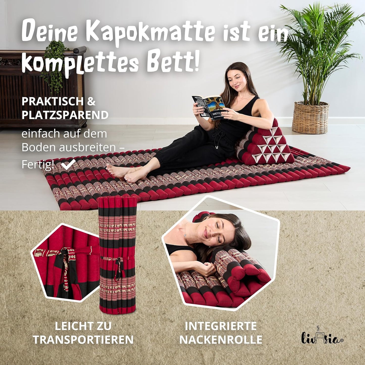 Rollmatratze aus Kapok für Gäste (200x110x4,5cm), L (200 x 110 cm) Rot/Elefanten