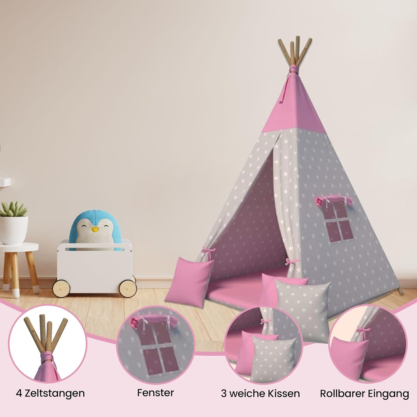 Tipi-Spielzelt für Kinder mit Kissen, Sterne Rosa