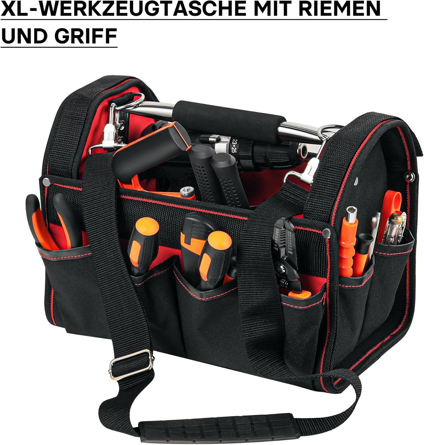 Werkzeugtasche XL mit Schultergurt und Fächern, 44x22x25 cm