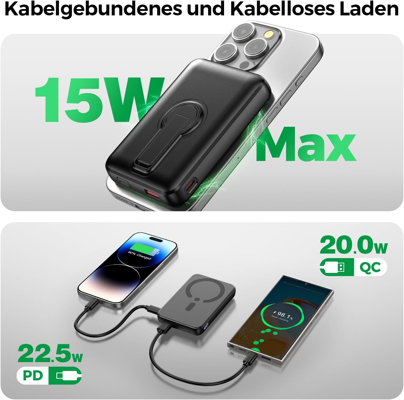 Magnetische Powerbank mit Schnellladefunktion, Schwarz