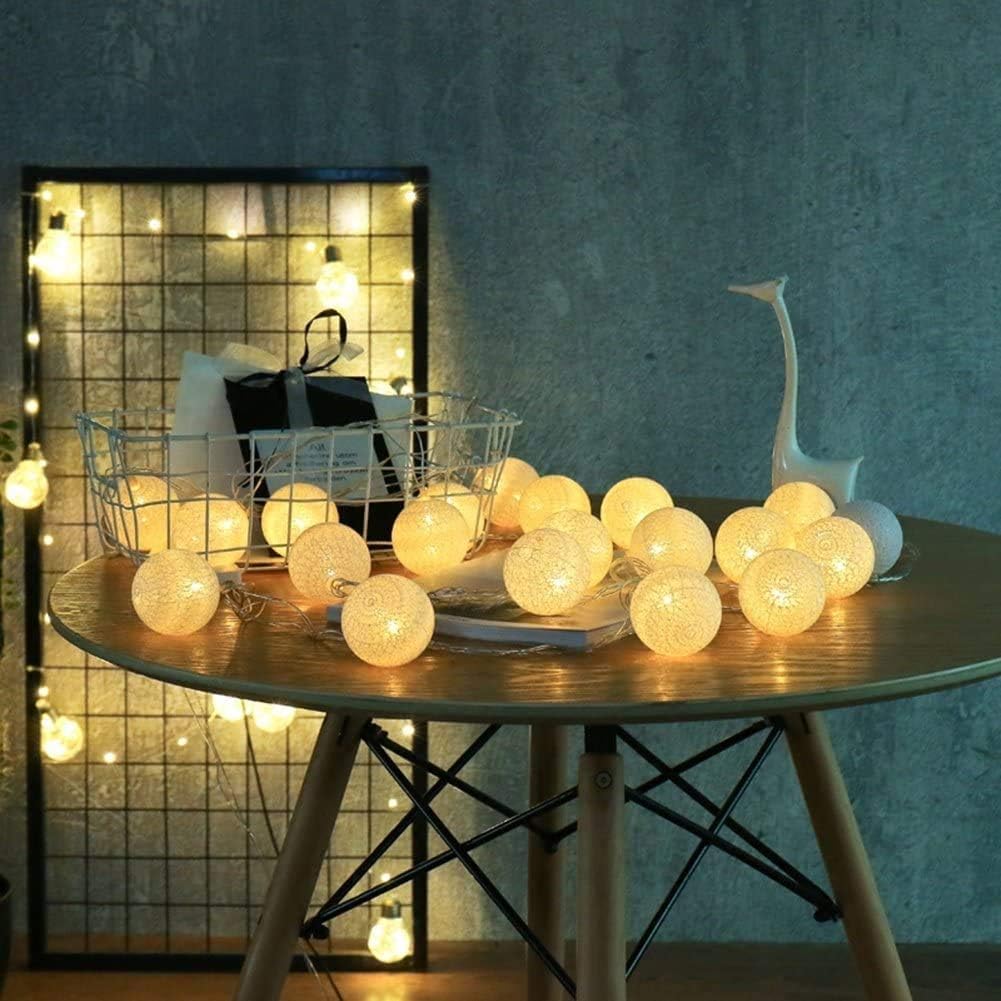 Lichterkette mit Baumwollkugeln, Weiss Batterie