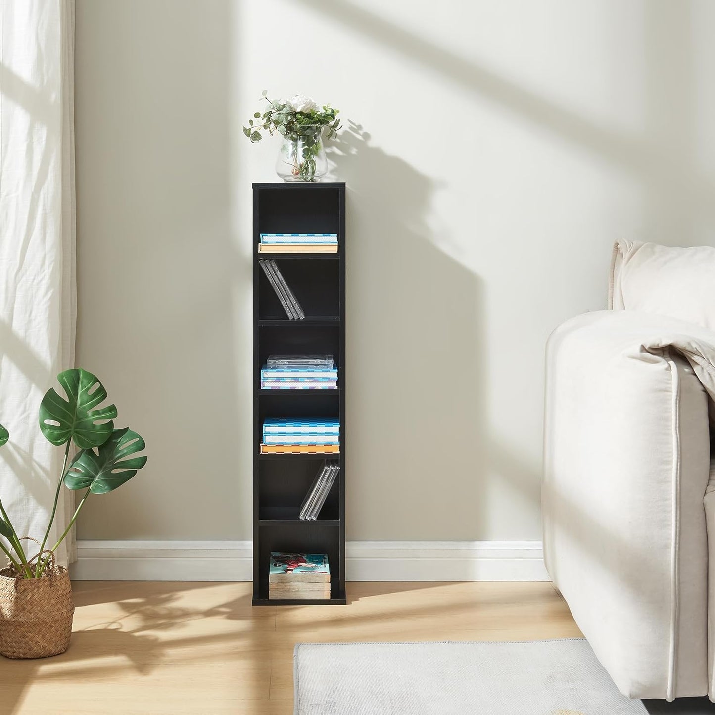 Regal für CDs und DVDs mit 6 Fächern, Schwarz 90 x 20 x 20 cm