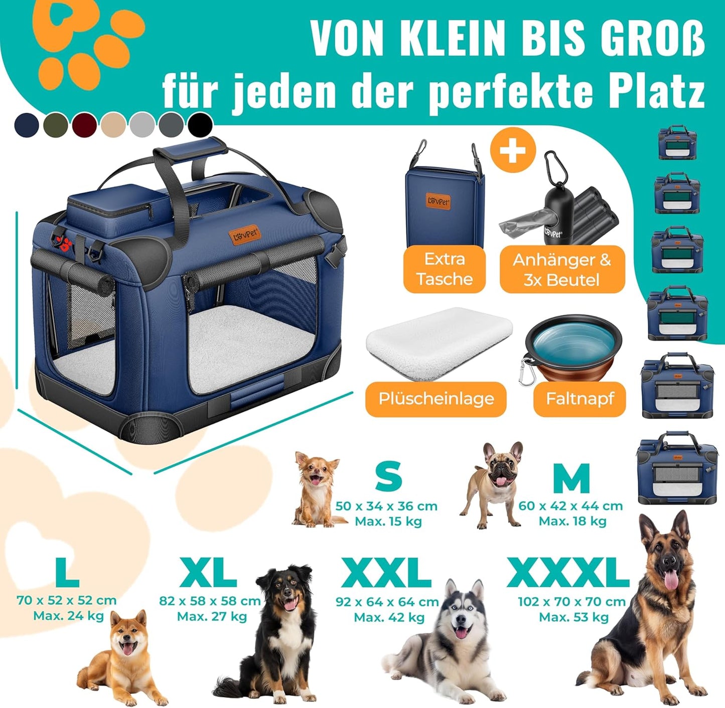 Transportbox inkl. Napf & Gurt, L 92 x B 64 x H 64 cm Navyblau