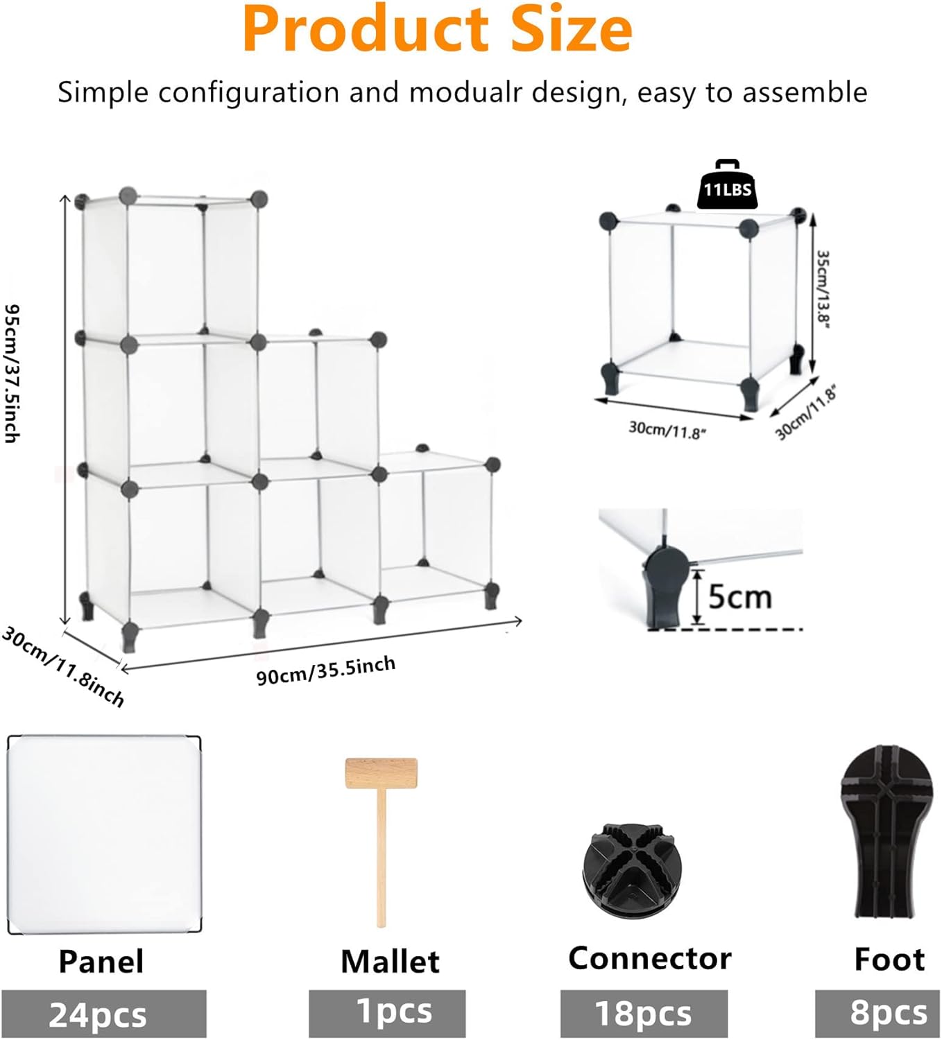 Modularer Cube Organizer mit 6 Fächer, Transparent Weiss