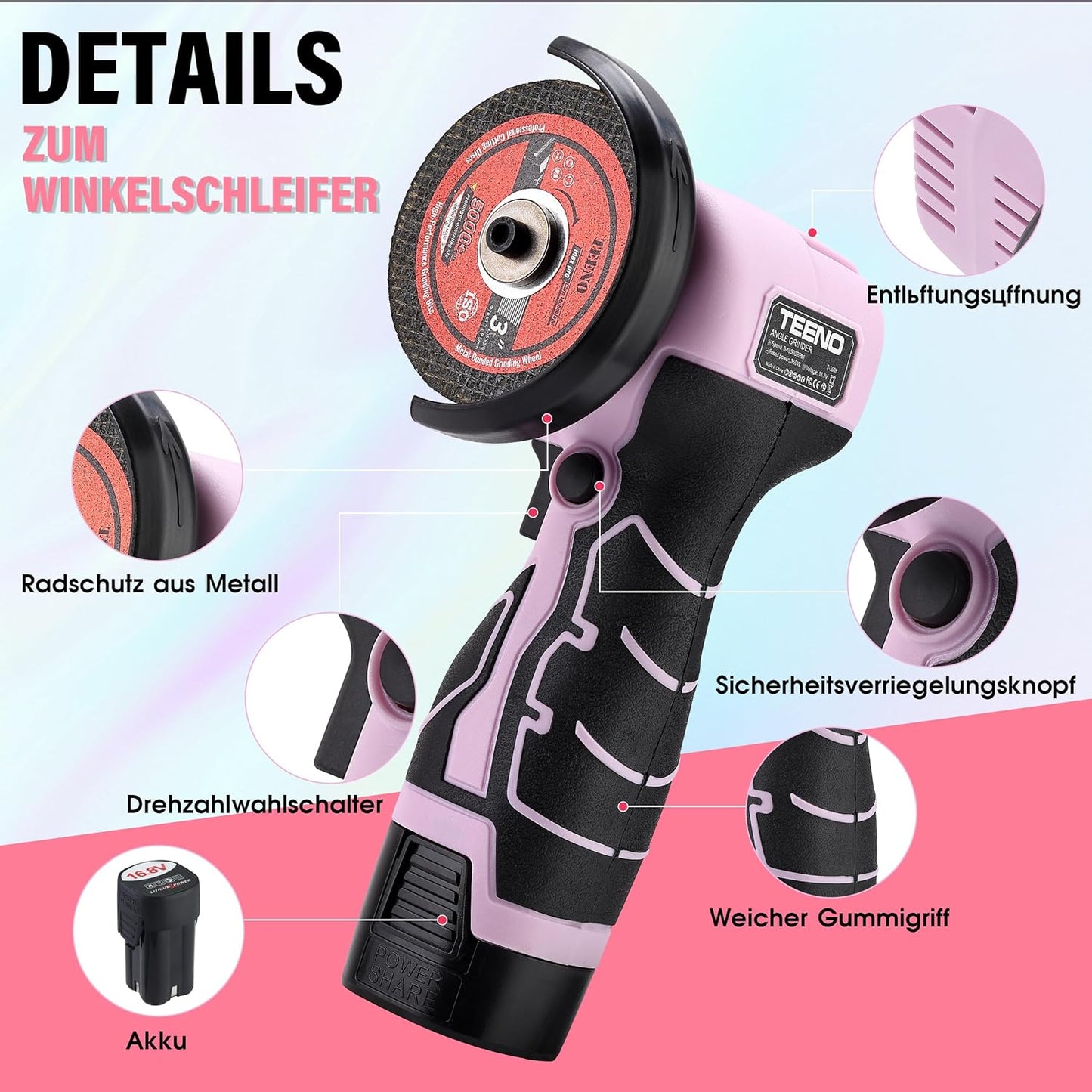 Mini-Winkelschleifer mit 2 Akkus, Rosa Winkelschleifer