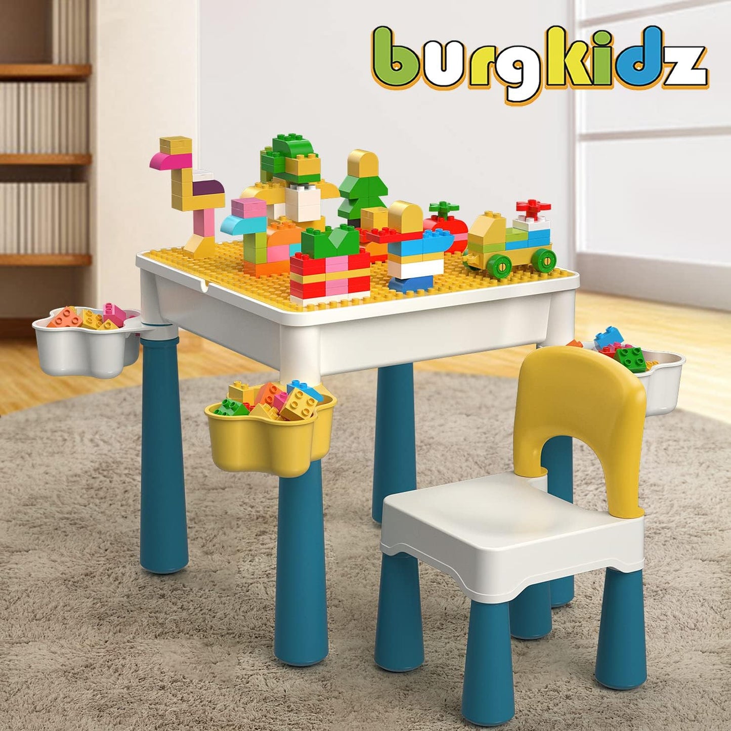 5-in-1 Kindertisch mit Stuhl und 130 Bausteinen, Macaron
