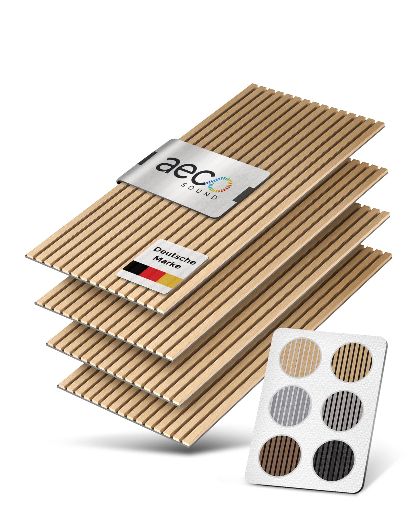 4-teiliges Akustik Holzpaneele-Set, 3D Wandverkleidung, 4 Stück | je 120 x 60 x 2,1 cm Holzfurnier Eiche | Akustikfilz Grau