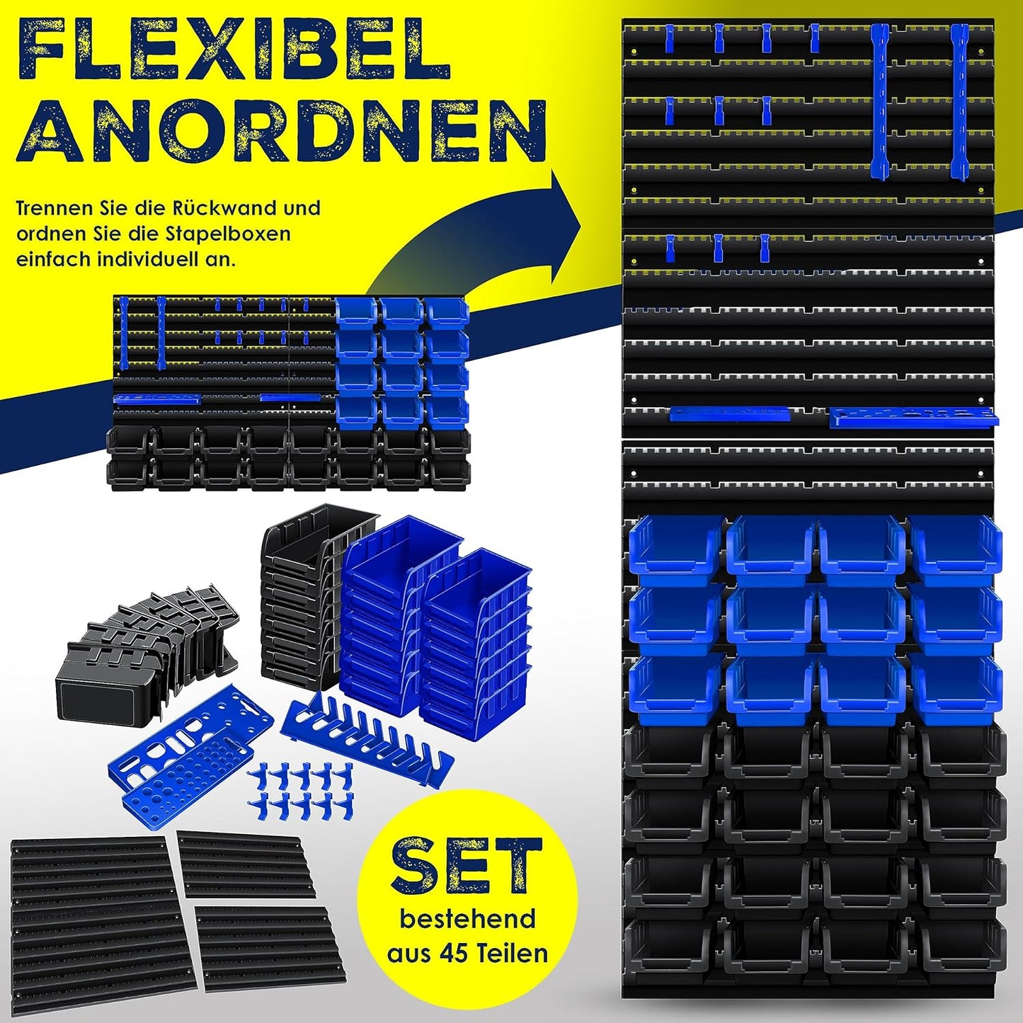 Wandregal, Stapelboxen + Werkzeughalter Schwarz / Blau