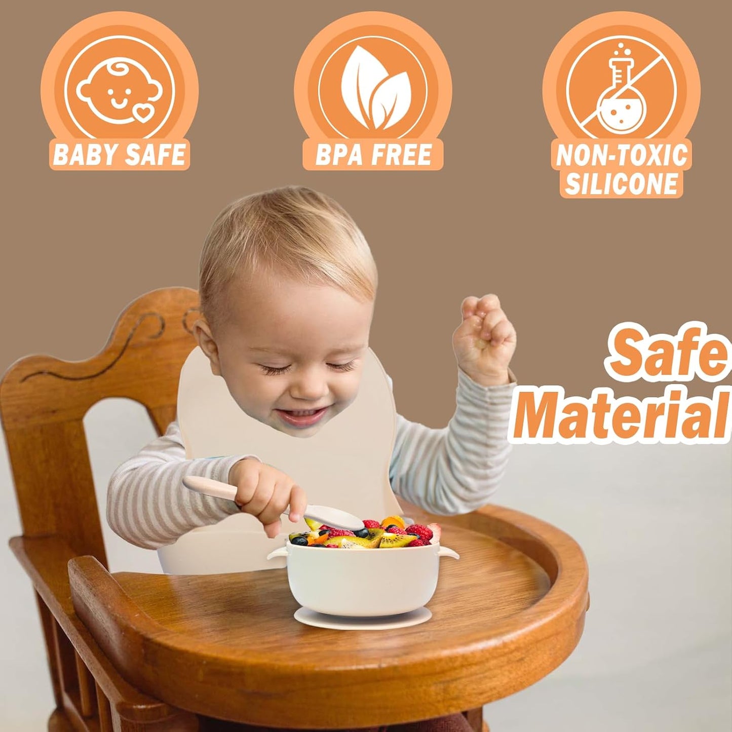 10-teiliges Baby Geschirrset mit rutschfestem Saugnapf, Beige