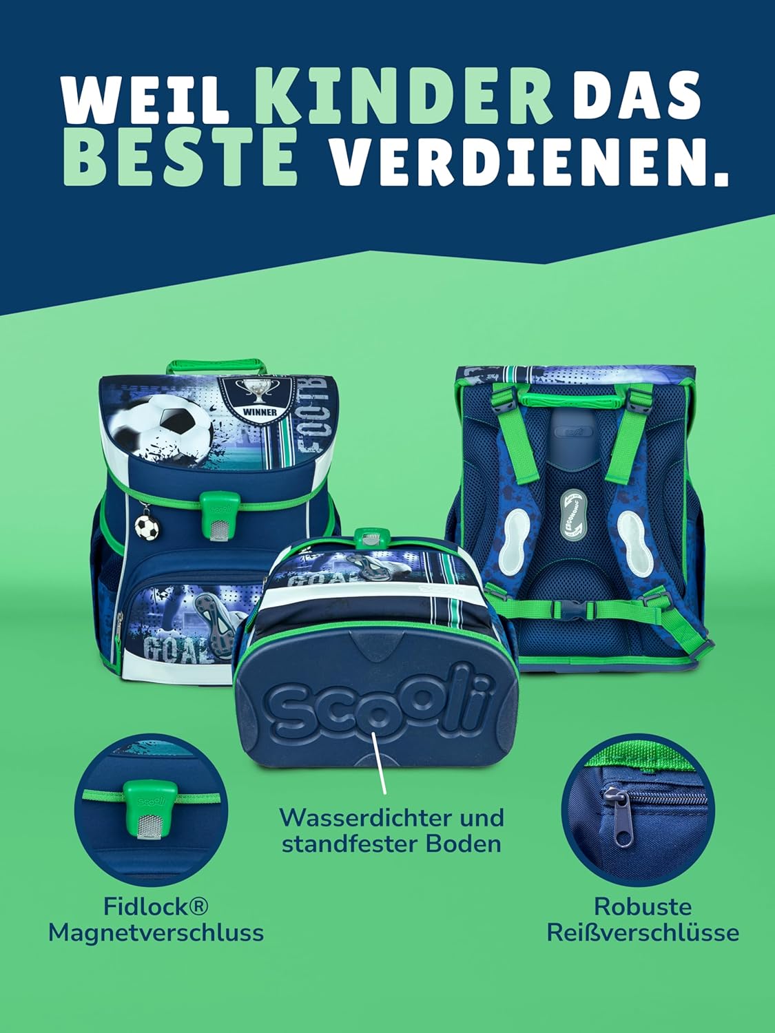 Schulranzen-Set für Erstklässler, Fussball Blau 10-teiliges Set mit Schultüte