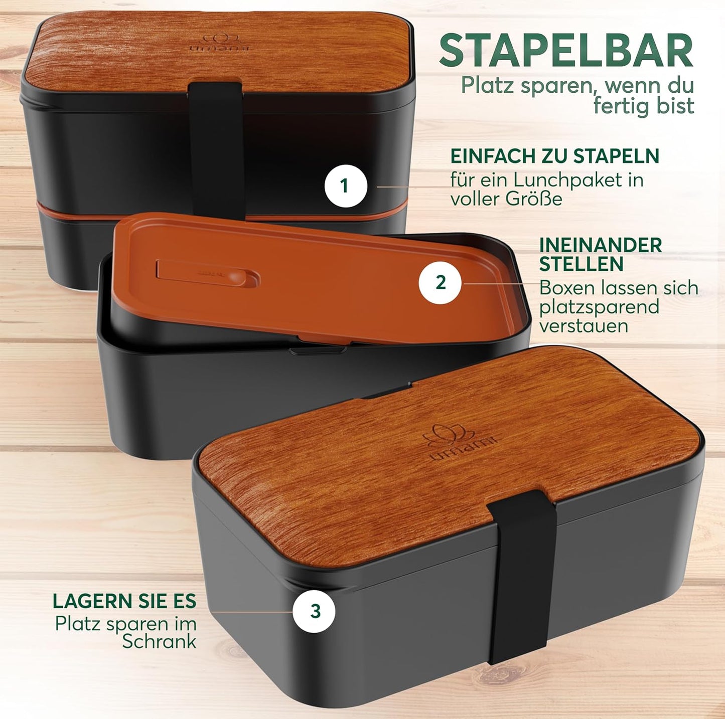 Verschachtelbare Bento Lunchbox, Schwarzes Sapele L - 1500 ml