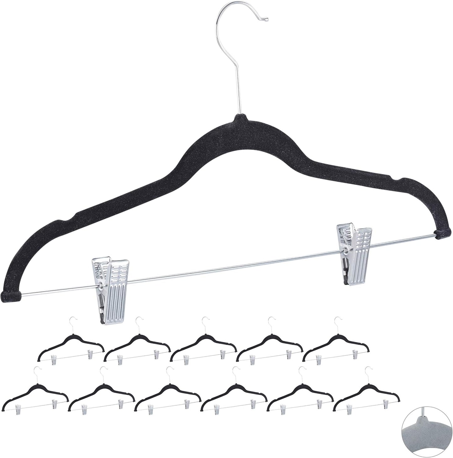 12er-Set Samtbügel mit Clips, 1 Schwarz, Silber 12er Pack