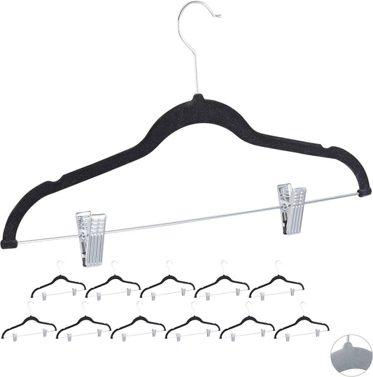 12er-Set Samtbügel mit Clips, 1 Schwarz, Silber 12er Pack