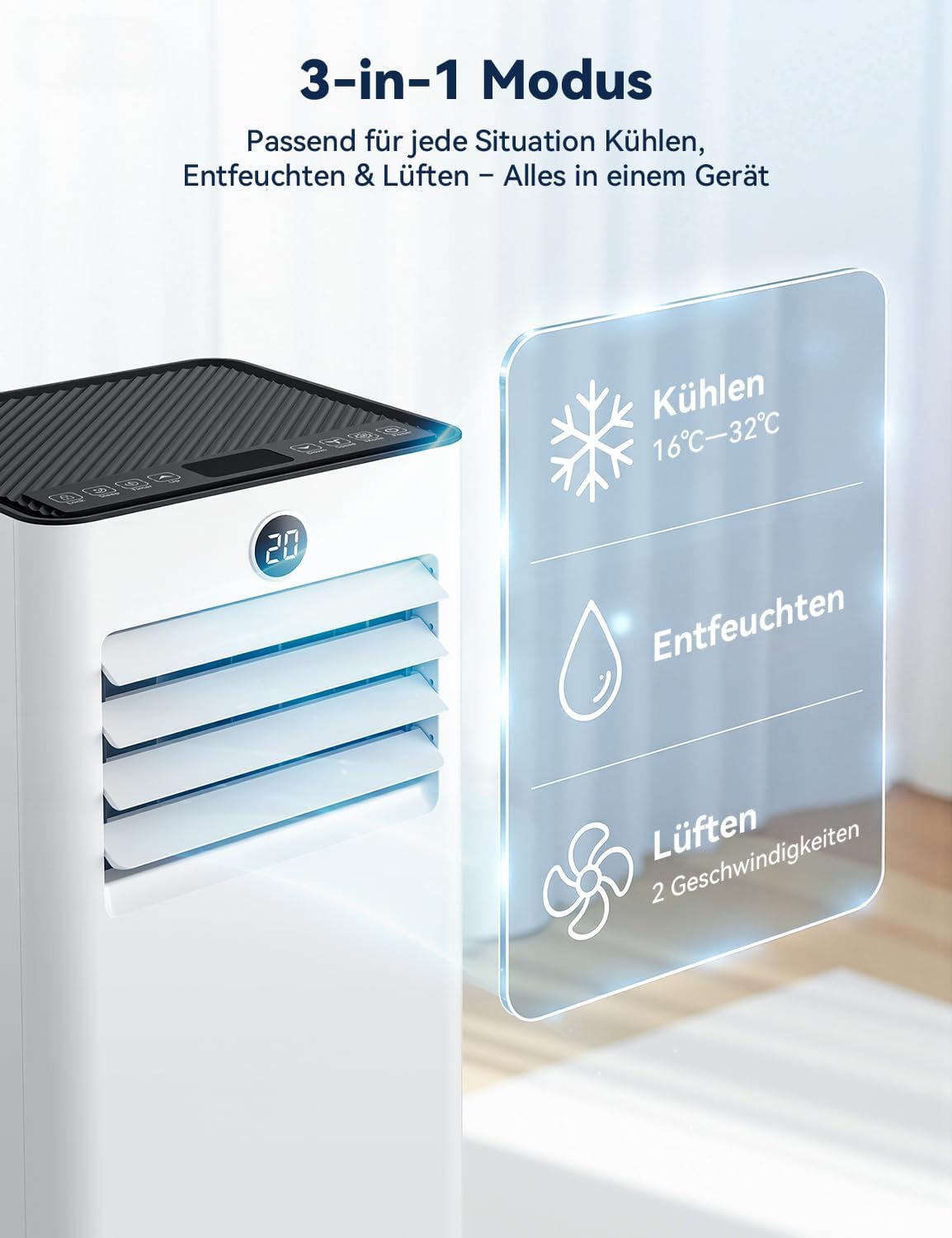 Mobile 3-in-1 Klimaanlage 9000 BTU Pro mit Abluftschlauch & Timer, 9000 BTU Pro