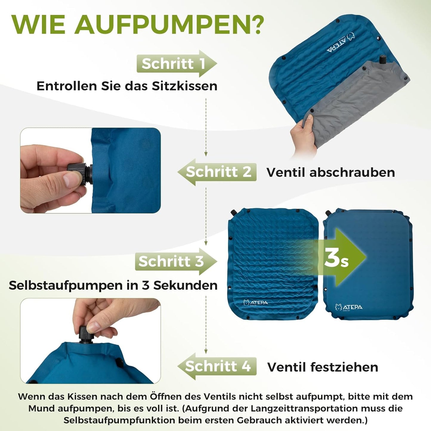 Selbstaufblasendes Outdoor-Sitzkissen, Blau 1er Pack 42 x 33 x 6,5 cm