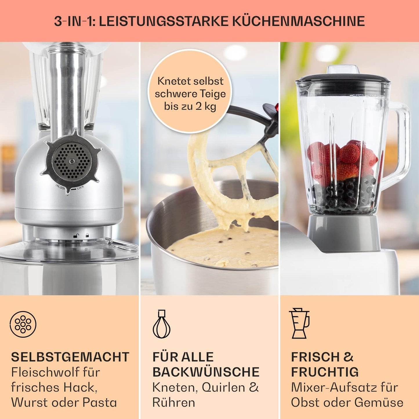 Küchenmaschine mit Fleischwolf und Mixer, Classic Silber