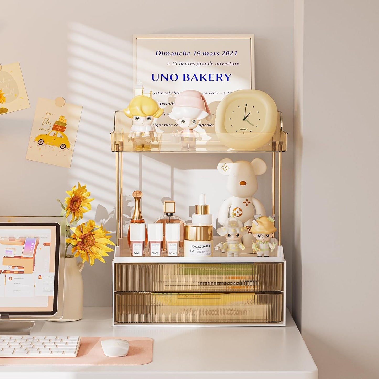 Make-up Organizer mit Schubladen und 2 Etagen, Bernstein
