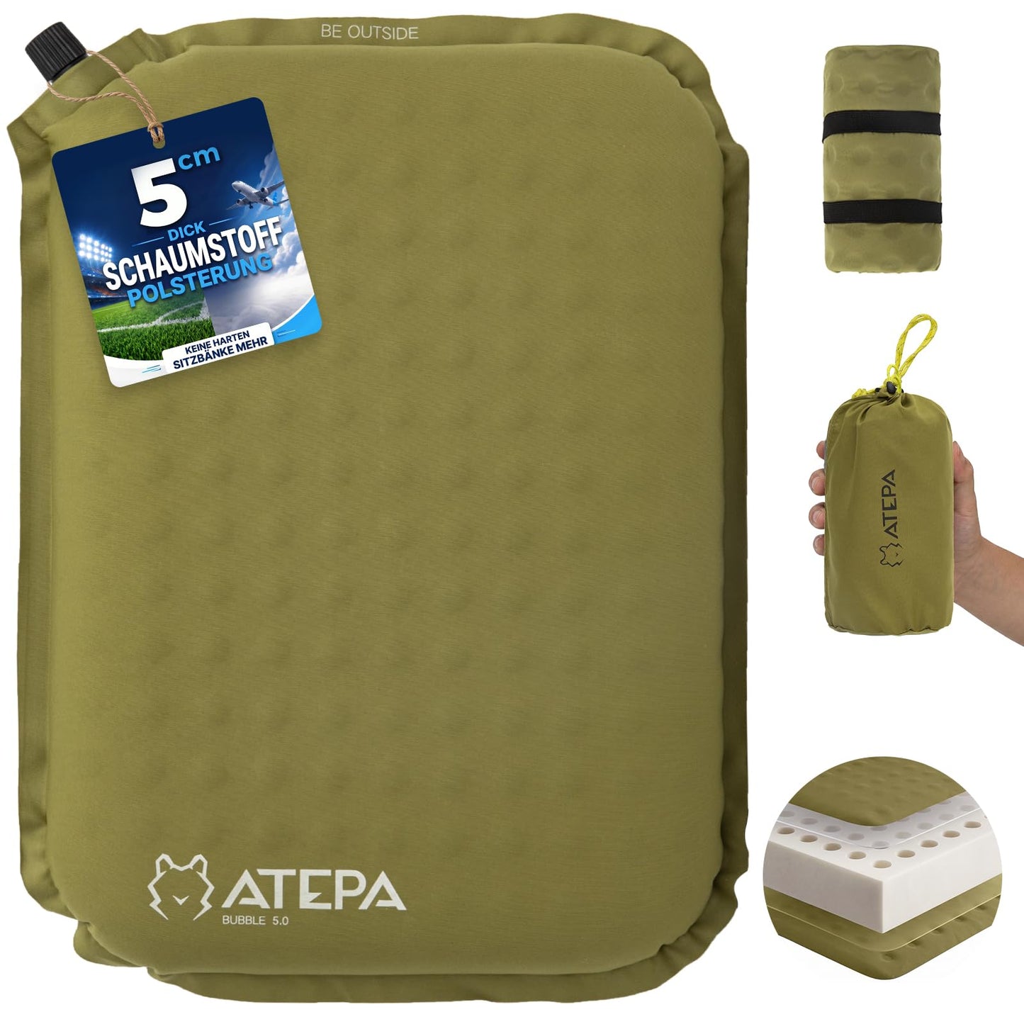 Aufblasbares Sitzkissen, Oliv 1er Pack 38 x 28 x 5 cm