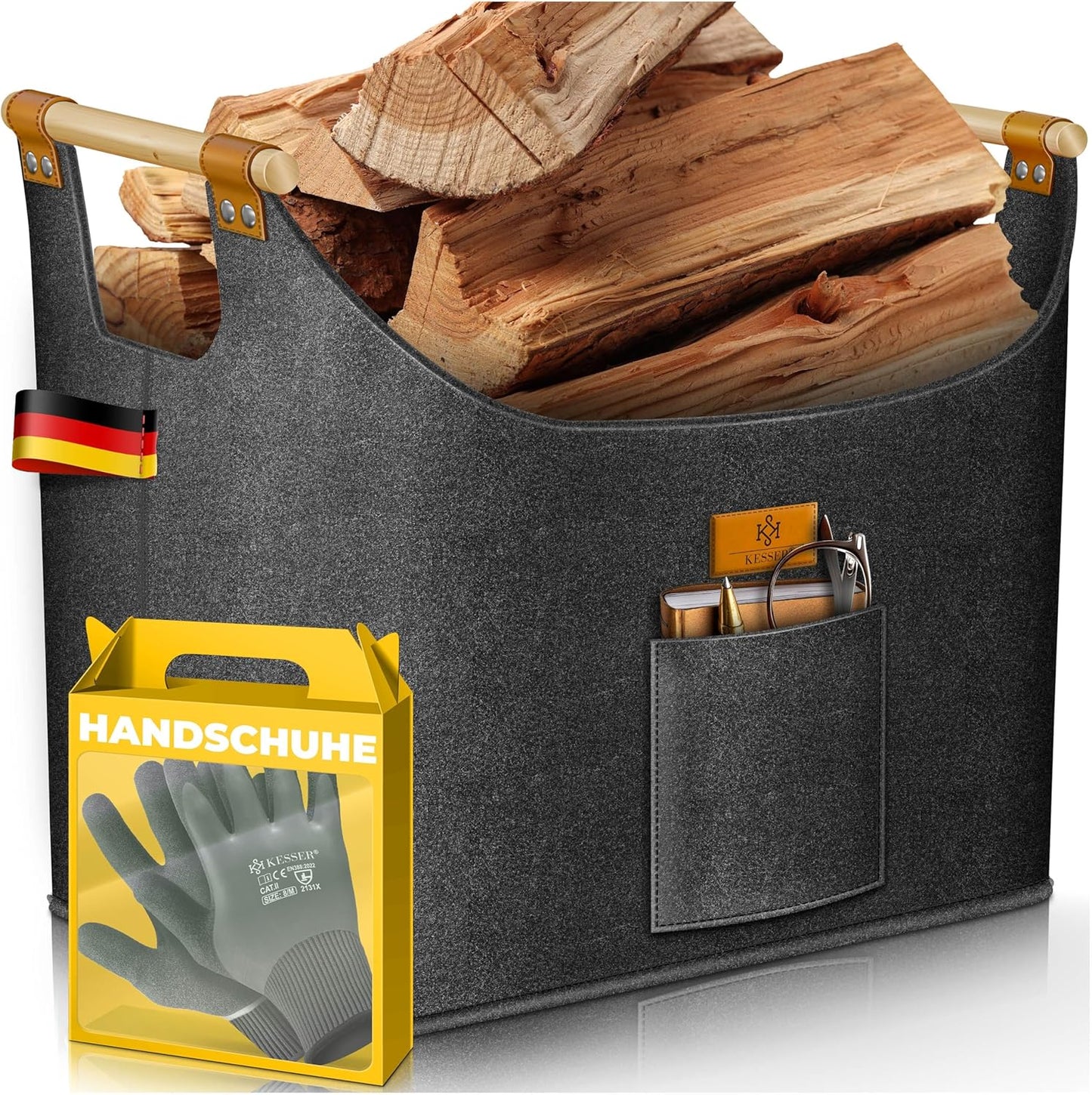 Faltbarer Brennholzkorb mit Holzgriffen und Aussentasche, 60 Liter Anthrazit
