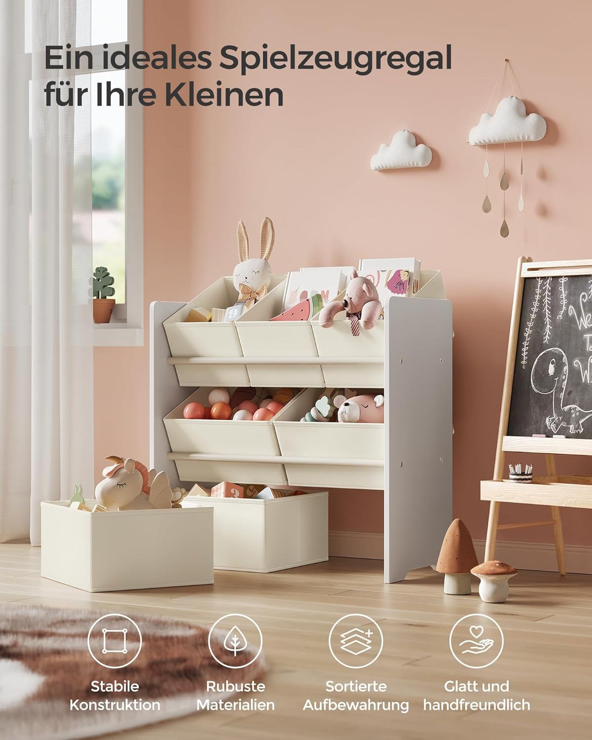 Kinder-Spielzeugregal mit 7 Aufbewahrungsboxen, Wolkenweiß