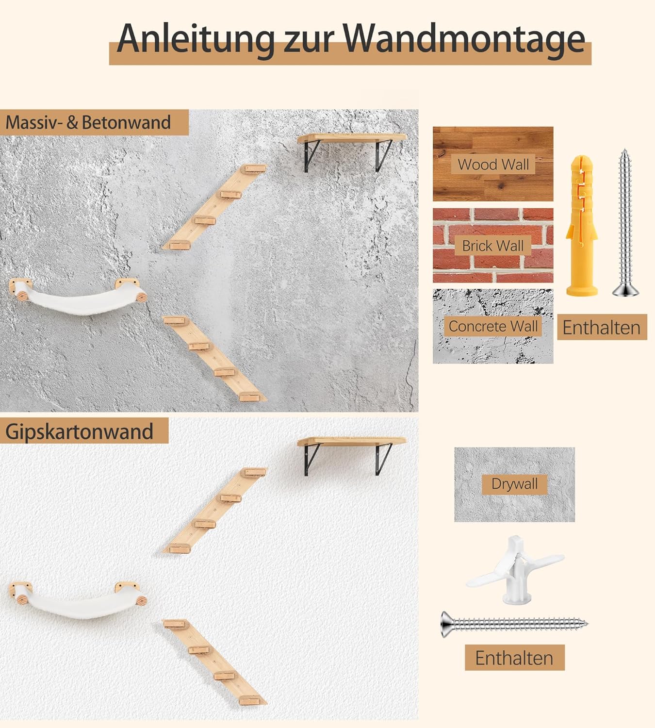 Kletterwand-Set für Katzen mit Hängematte und Stufen, 1PC Hängematte+2PC Vier Stufen