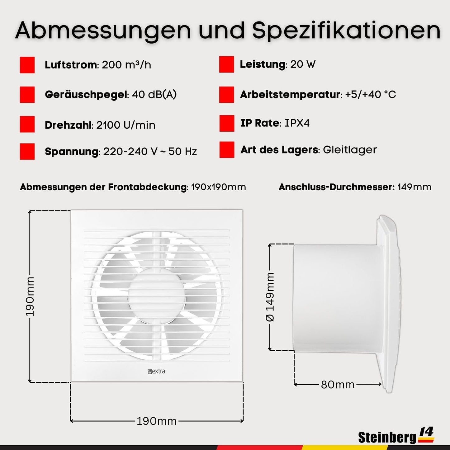 Abluftventilator für Bad und Küche, Ø 150mm Weiß